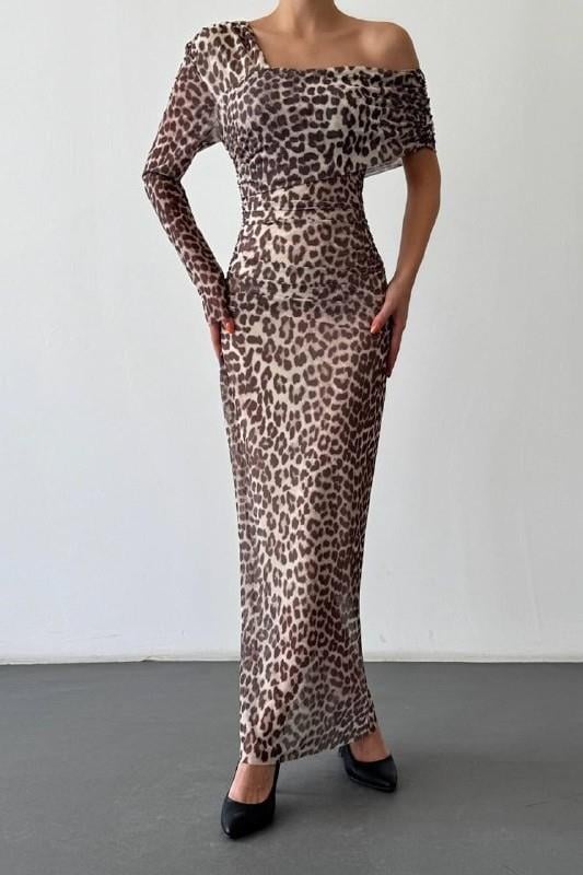 Leopar Desenli Tek Omuz Tül Elbise QZ01103