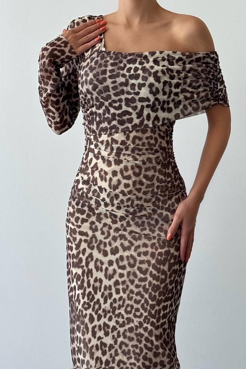 Leopar Desenli Tek Omuz Tül Elbise QZ01103