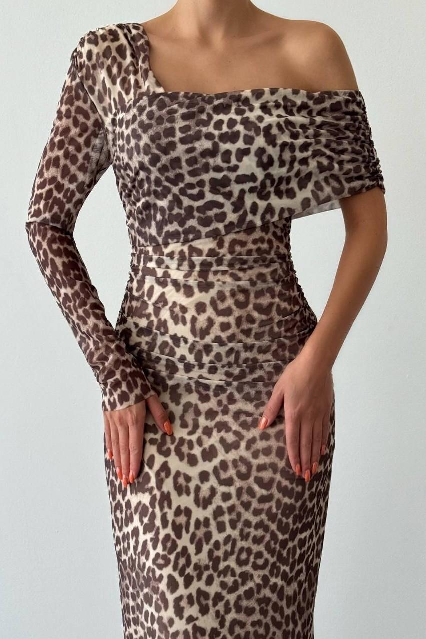 Leopar Desenli Tek Omuz Tül Elbise QZ01103