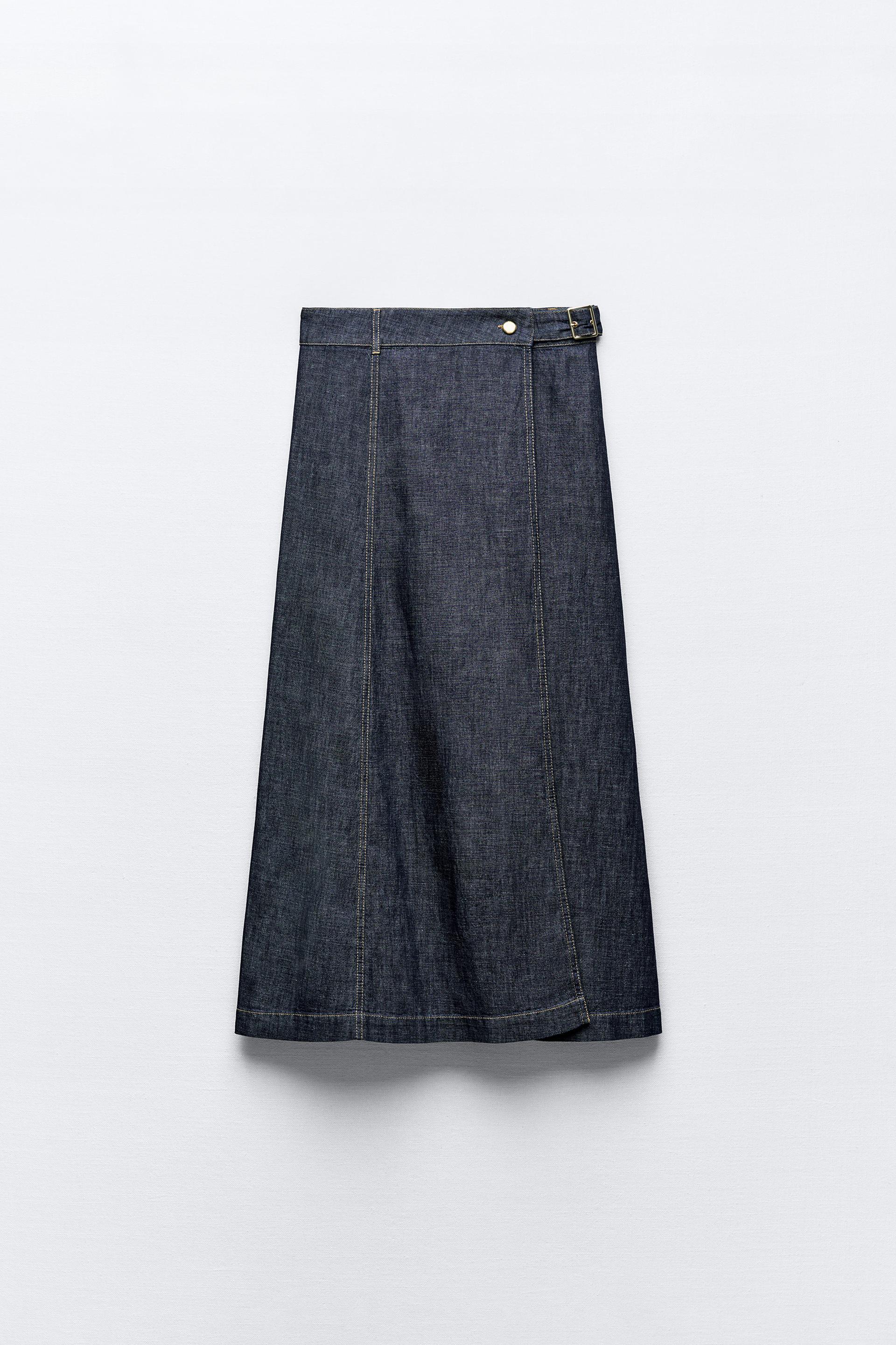Önden Yırtmaçlı Kemer Detaylı Jean Midi Etek LC7751