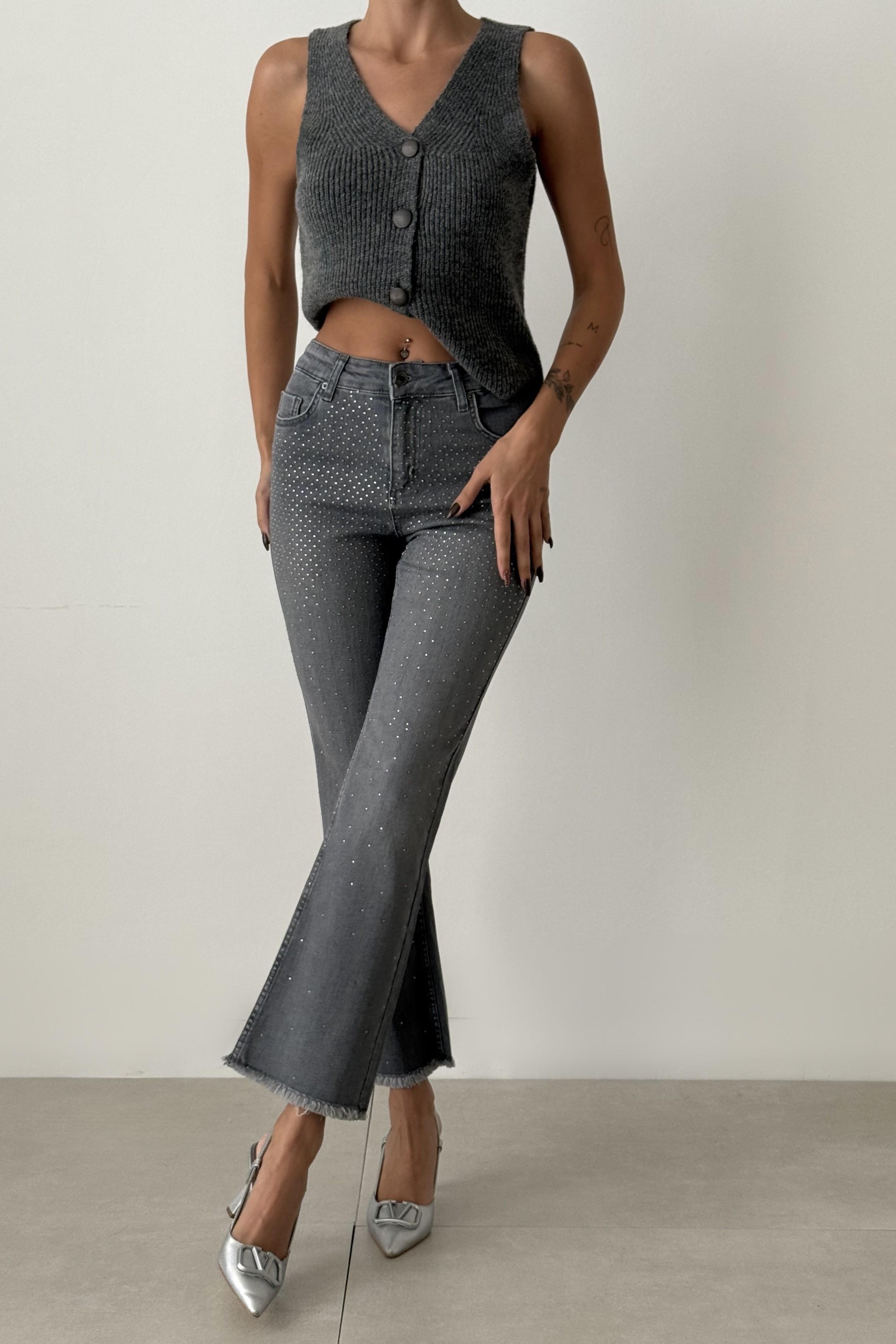 Paçası Püsküllü Taş İşlemeli Flare Jean LC7403-01