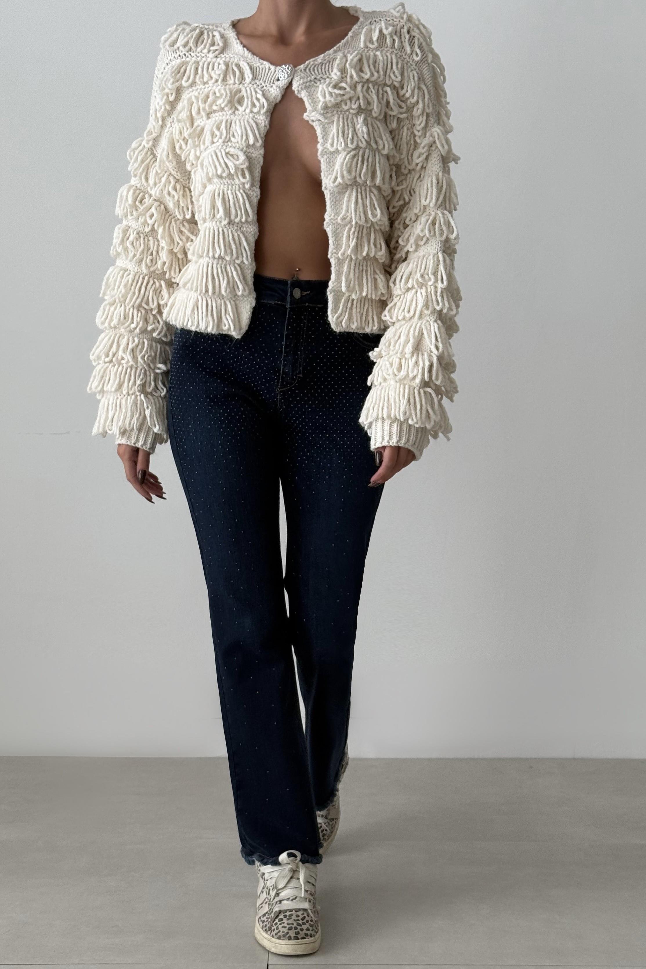 Paçası Püsküllü Taş İşlemeli Flare Jean LC7403-01