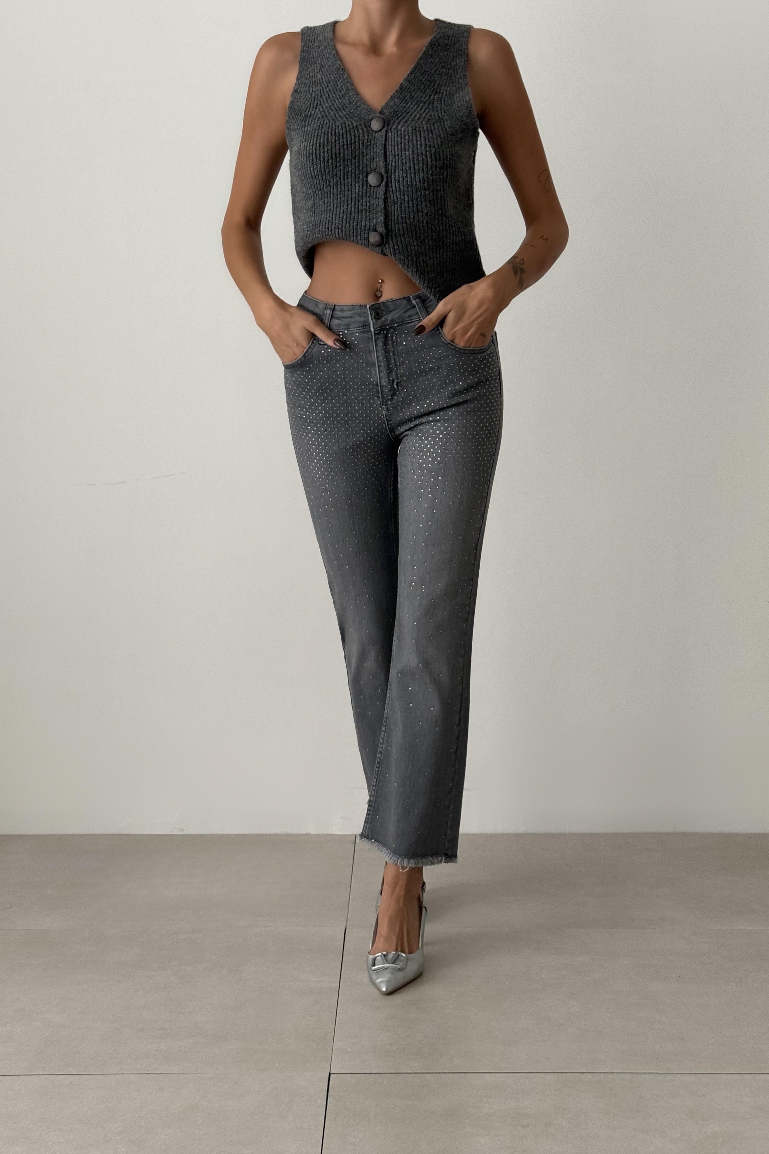 Paçası Püsküllü Taş İşlemeli Flare Jean LC7403-01