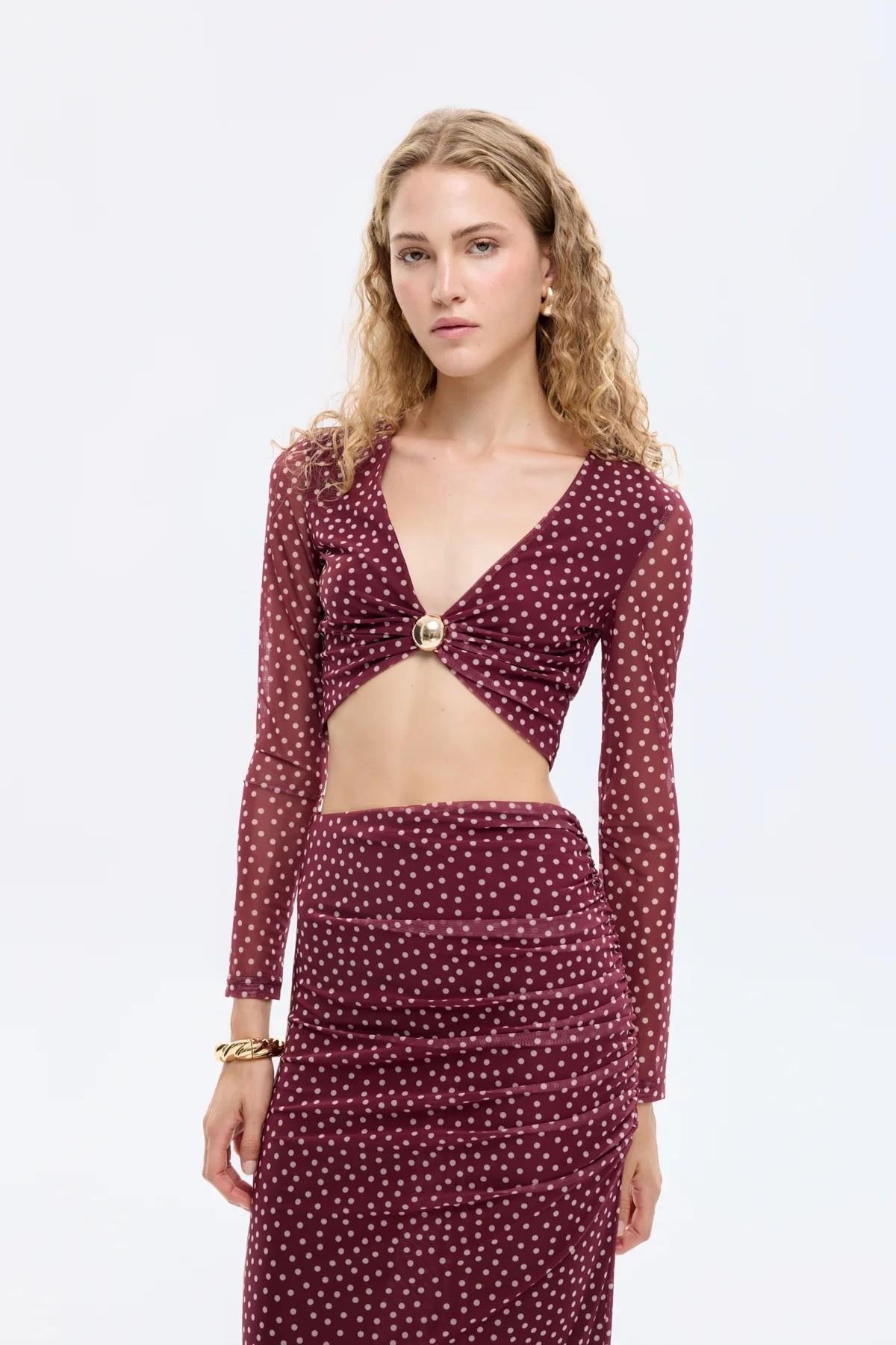 Toka Aksesuarlı Puantiyeli Bluz QZ00848