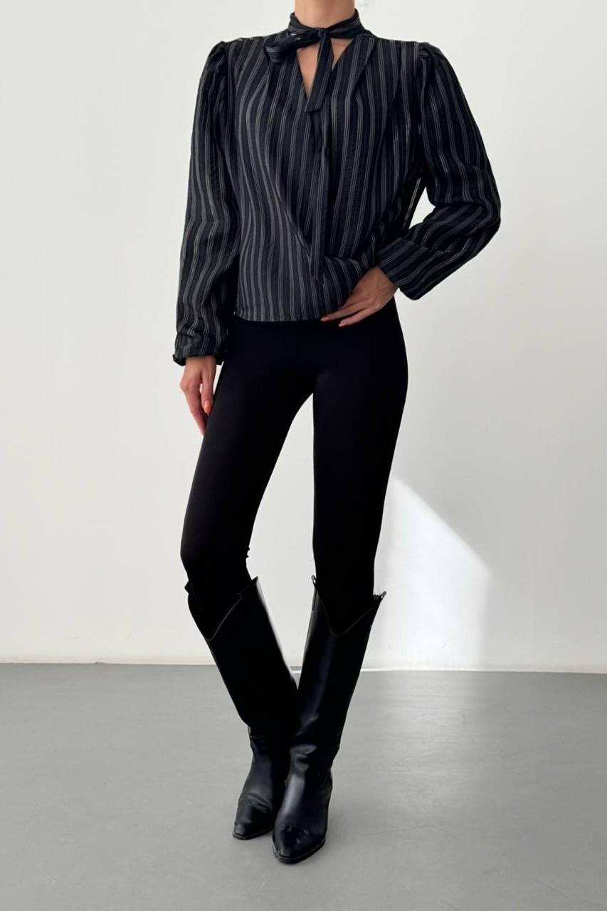 Yakası Bağlamalı Uzun Kollu Çizgili Gömlek QZ00936