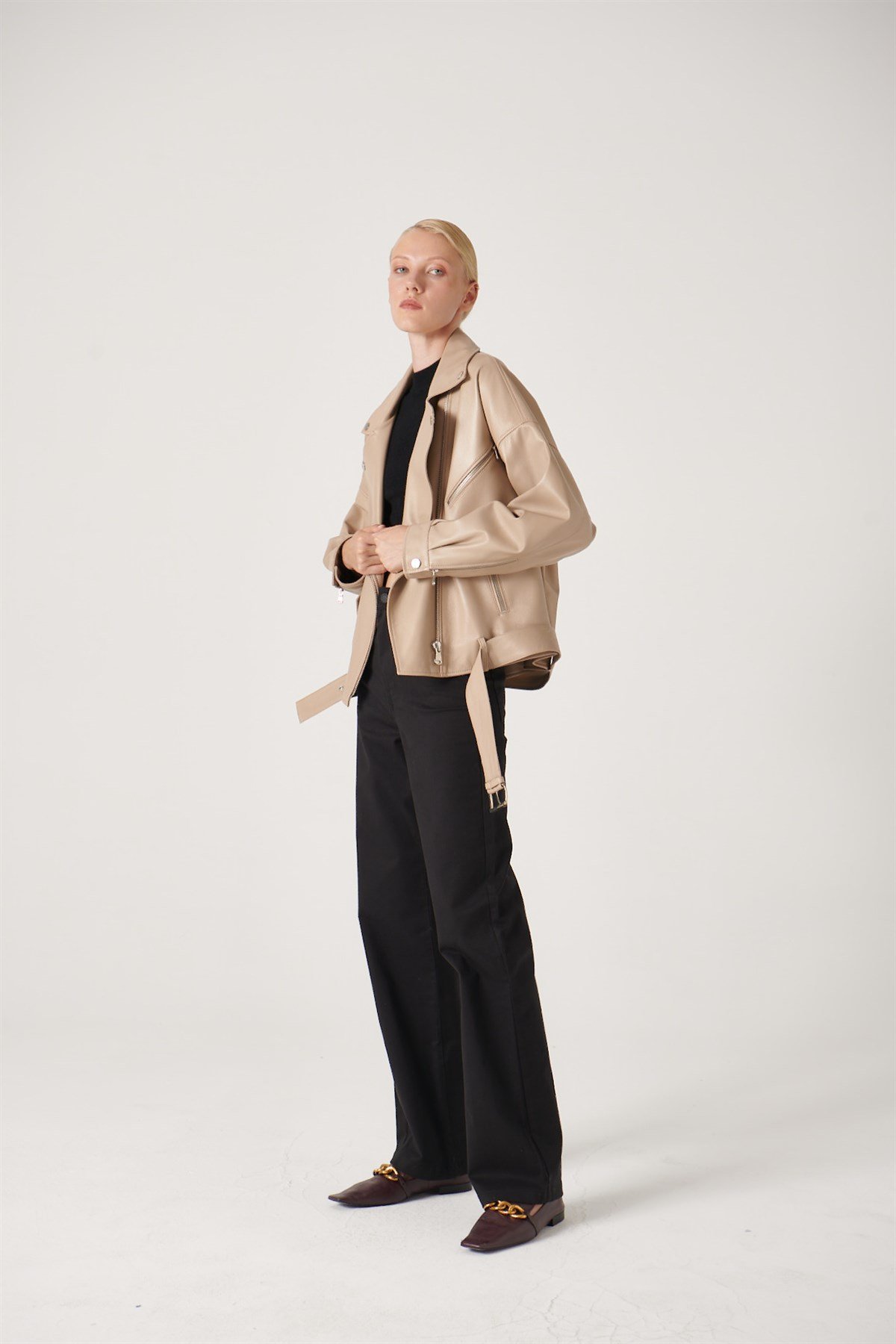 Helen Deri Biker Ceket BejHelen Deri Biker Ceket Bej