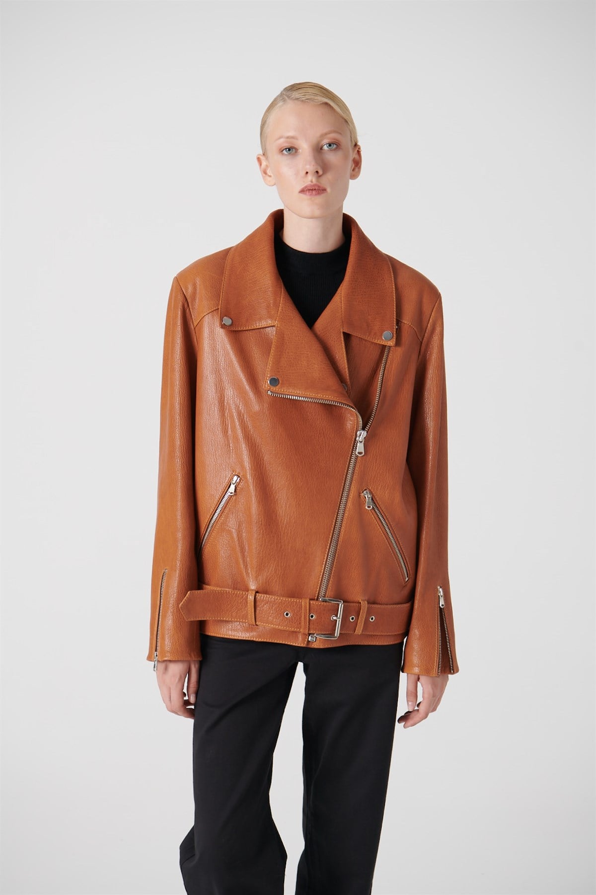 Nichole Oversize Biker Deri Ceket Jumbo ViskiNichole Oversize Biker Deri Ceket Jumbo Viski