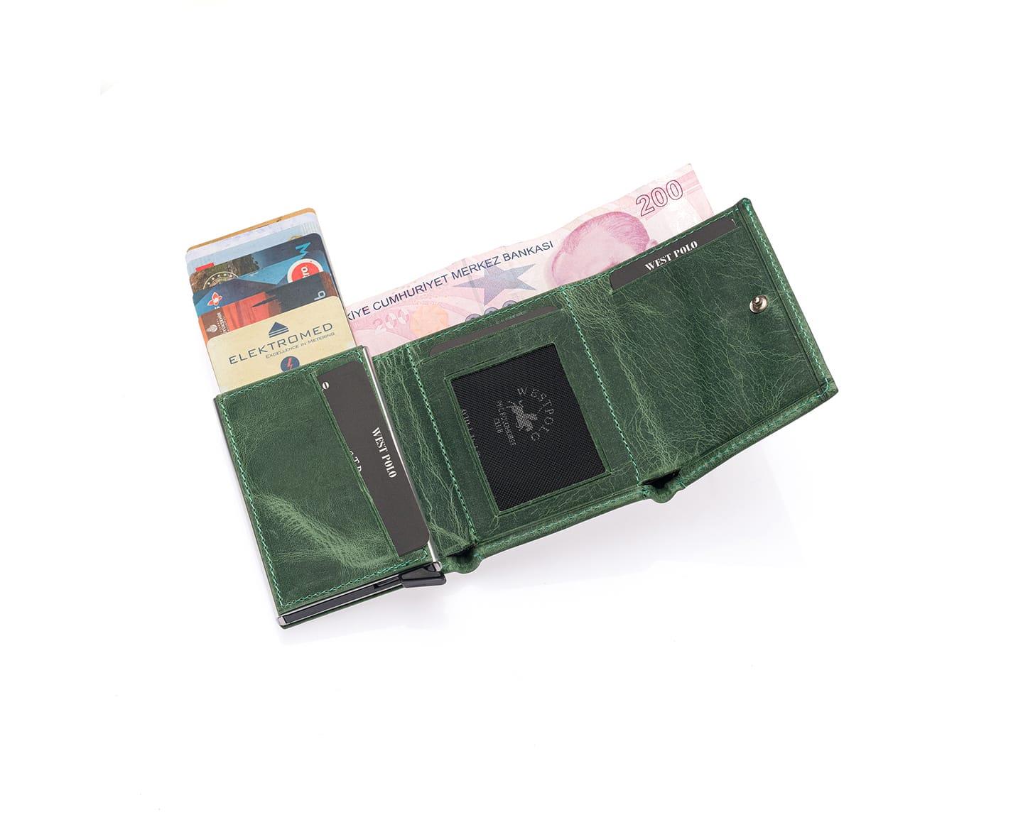 5550C-SU YEŞİLİWestpolo Safari Unisex Bol Kartlık Bölmeli Crazy Eskitme Hakiki Deri Mekanizmalı Cüzdan - Su Yeşili