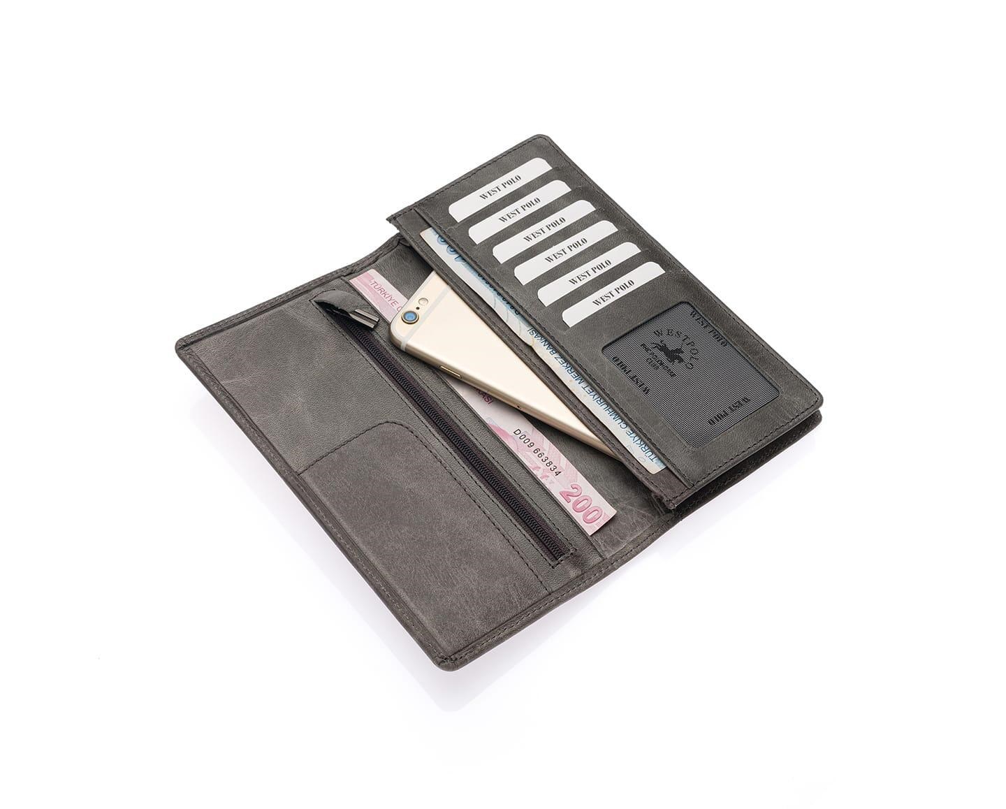 NL2728C-GRİWestpolo Rocco Hakiki Eskitme Deri Bol Kredi Kart Bölmeli Unisex Uzun Cüzdan - Gri