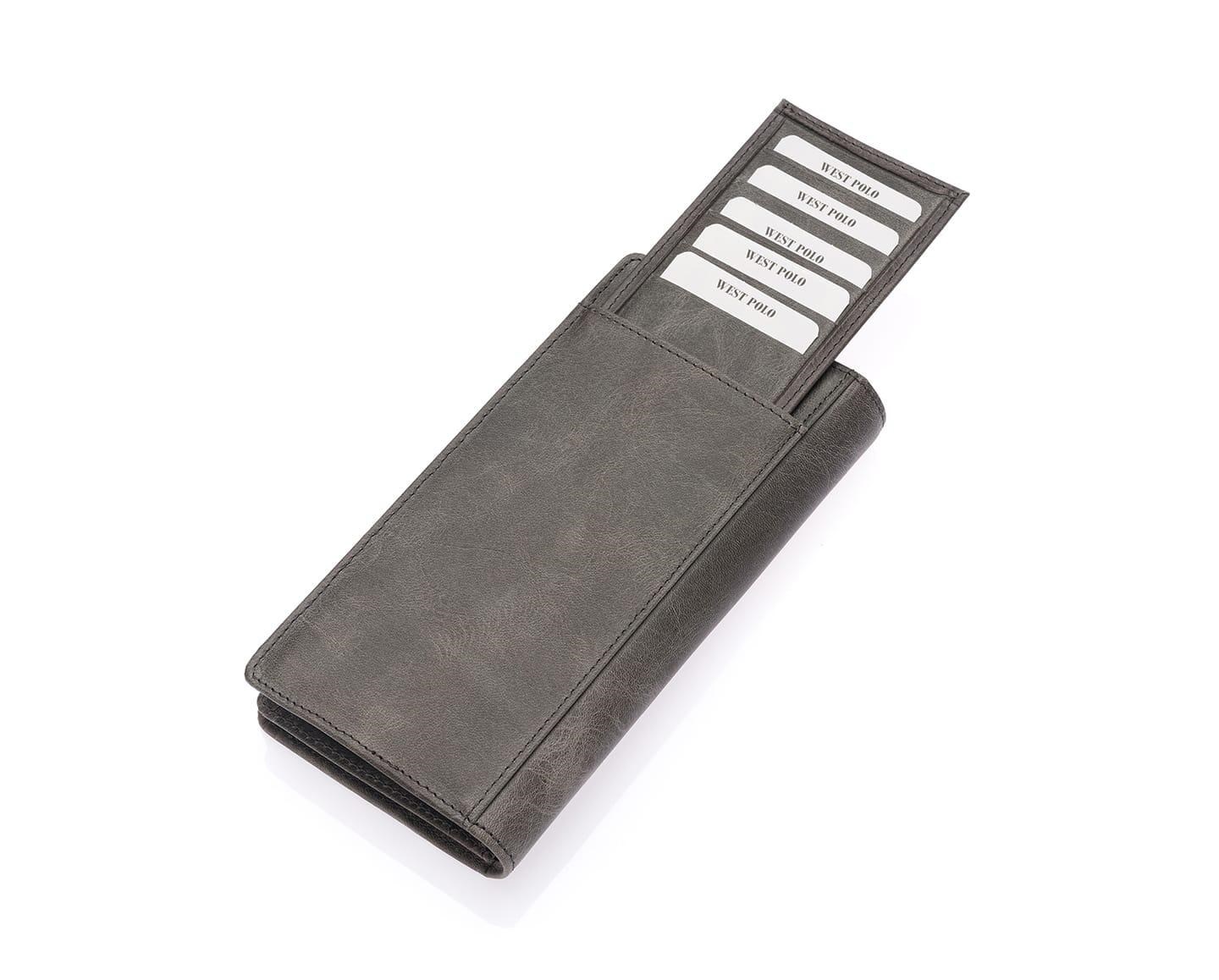 NL2728C-GRİWestpolo Rocco Hakiki Eskitme Deri Bol Kredi Kart Bölmeli Unisex Uzun Cüzdan - Gri