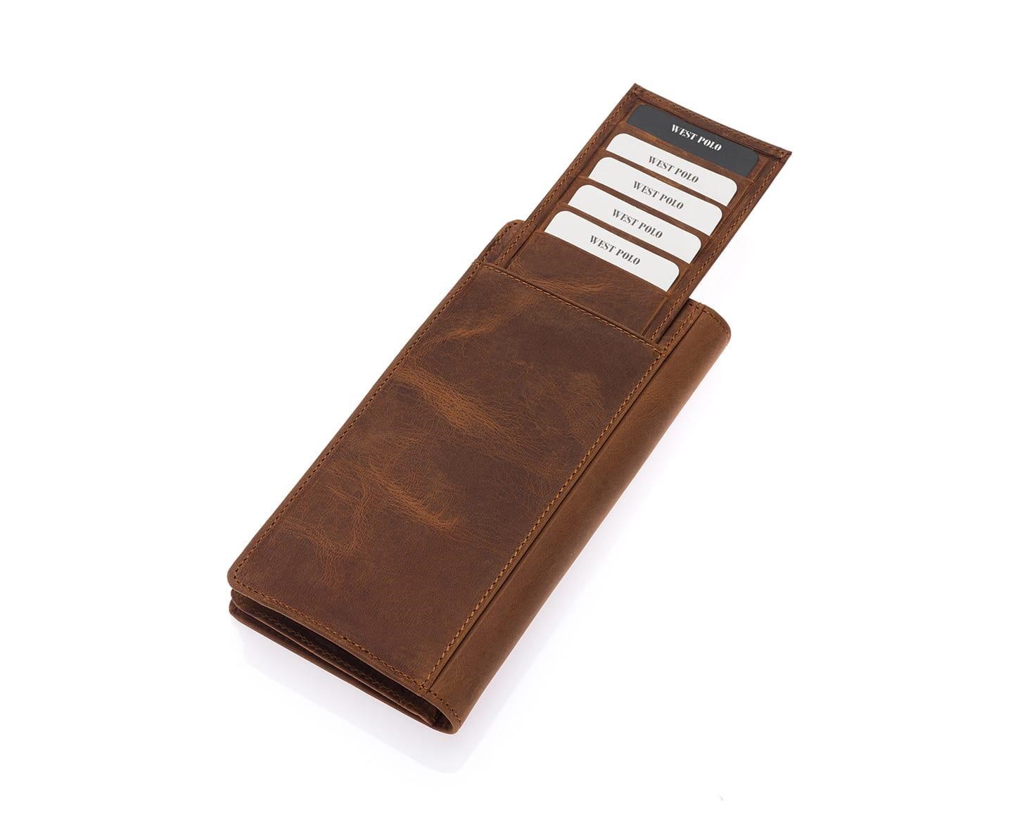 NL2728C-TABAWestpolo Rocco Hakiki Eskitme Deri Bol Kredi Kart Bölmeli Unisex Uzun Cüzdan - Taba