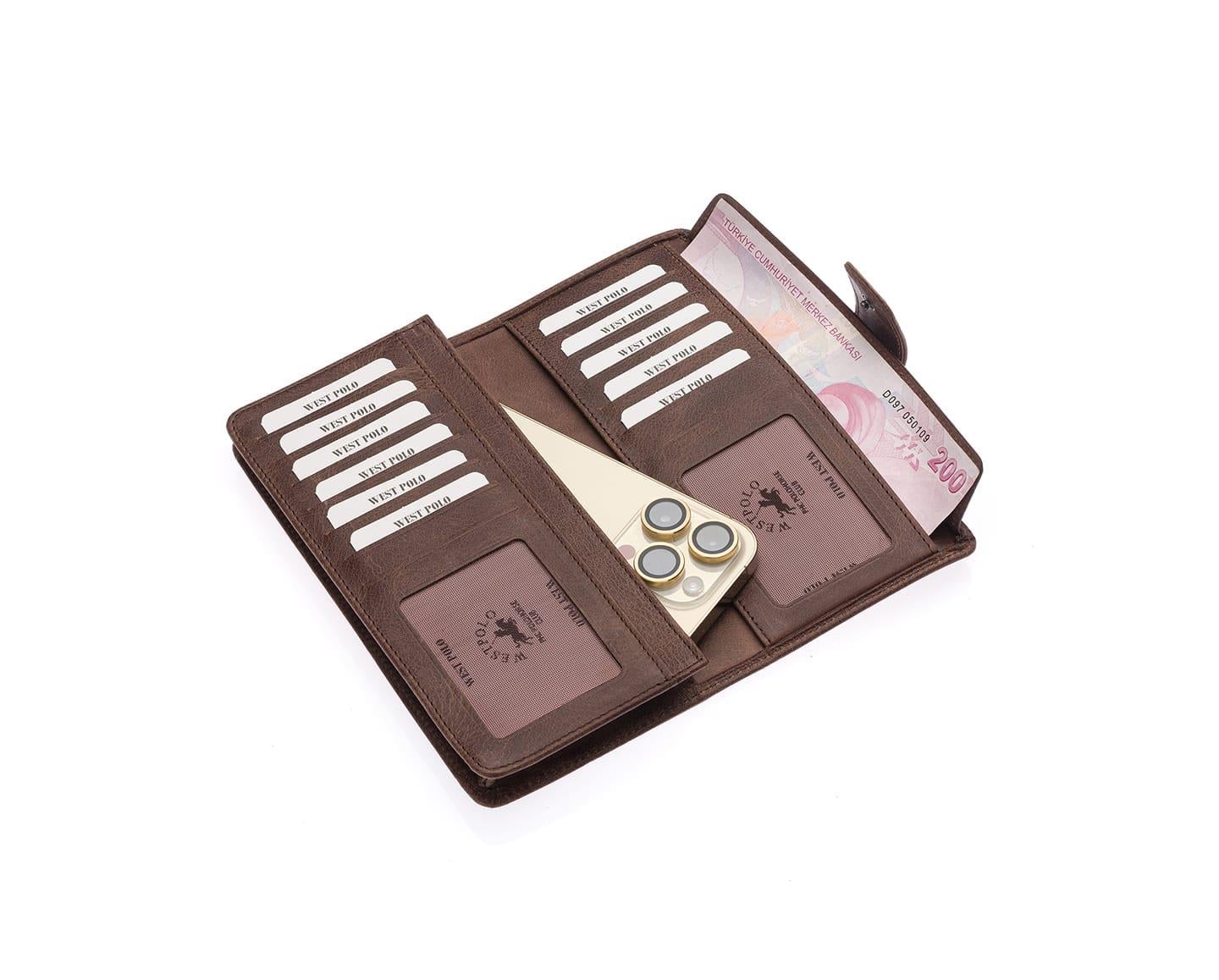 NL2746C -CappuccinoWestpolo  Patlı Hakiki Deri Telefon Bölmeli Bol Kartlık Bölmeli unisex Cüzdan - Cappuccino 