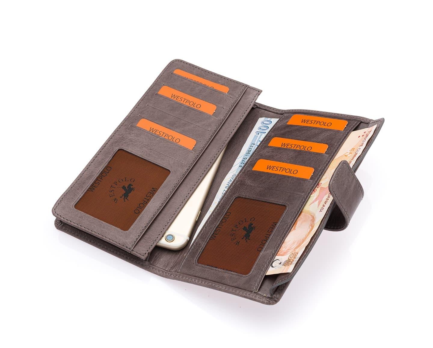 NL2746C - GriWestpolo  Patlı Hakiki Deri Telefon Bölmeli Bol Kartlık Bölmeli unisex Cüzdan - Gri