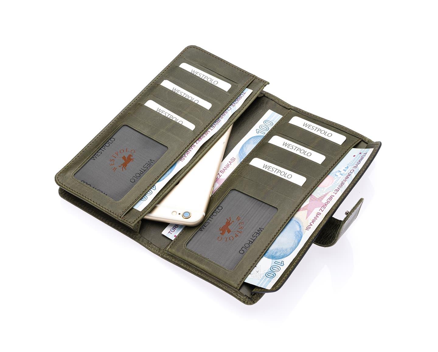 NL2746C - HakiWestpolo  Patlı Hakiki Deri Telefon Bölmeli Bol Kartlık Bölmeli unisex Cüzdan - Haki