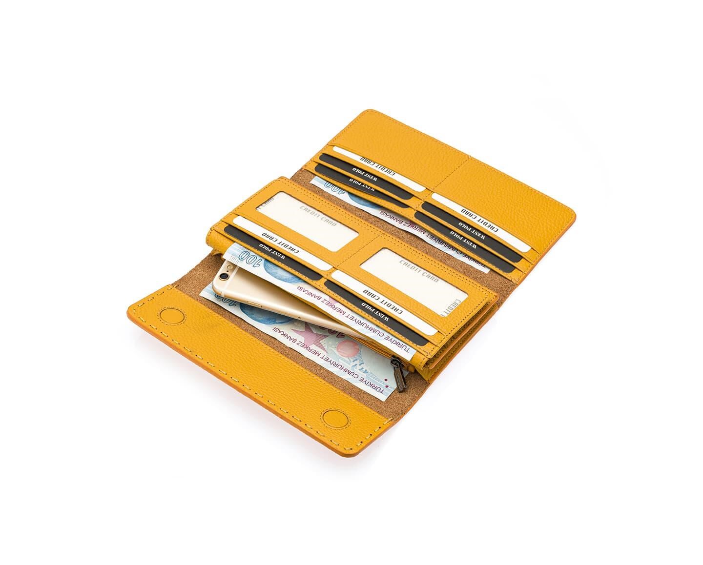 NL443-SARIWestpolo Malone Unisex Hakiki Deri Telefon Bölmeli El Portföyü Cüzdan - Sarı