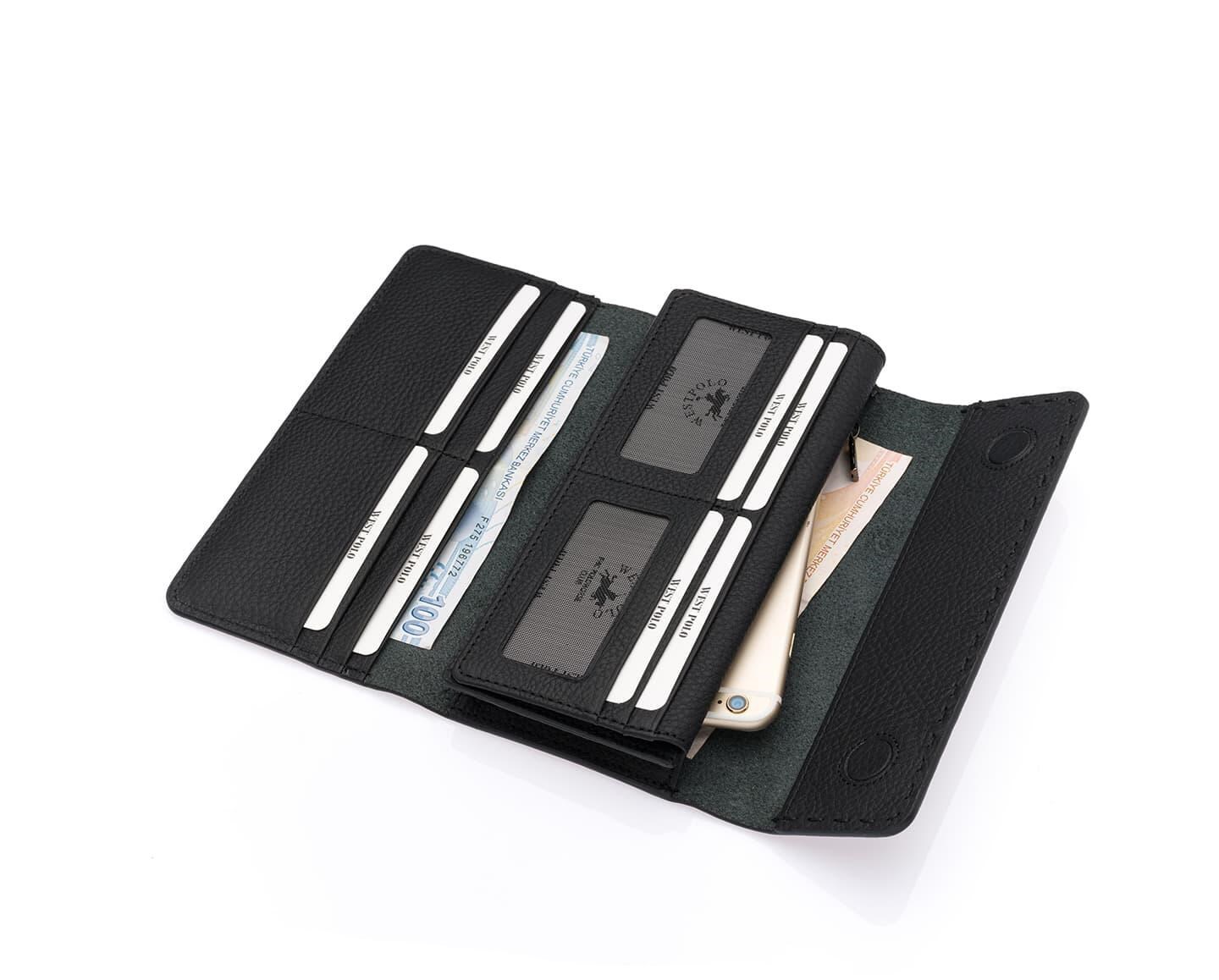 NL443-SİYAHWestpolo Malone Unisex Hakiki Deri Telefon Bölmeli El Portföyü Cüzdan - Siyah