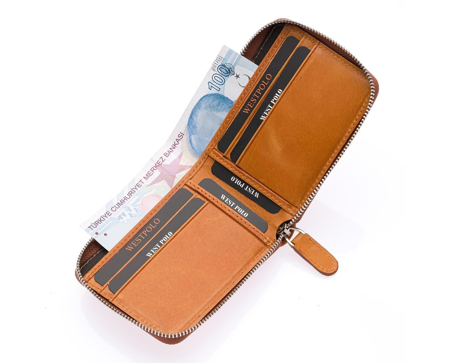 NL534C-AÇIK TABAWestpolo Mira Hakiki Eskitme Deri Unisex Cüzdan, Kartlık - Taba