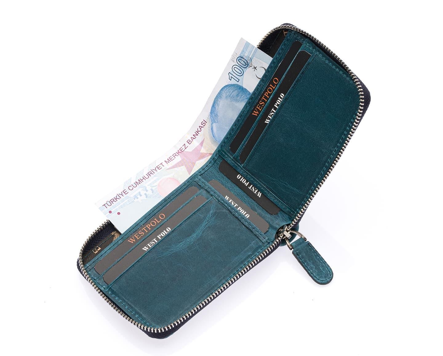 NL534C-TURKUAZWestpolo Mira Hakiki Eskitme Deri Unisex Cüzdan, Kartlık - Turkuaz