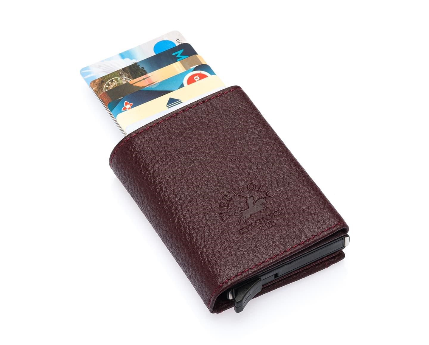 NL5540-BORDOWestpolo Mories Unisex Hakiki Guti Deri Mekanizmalı Cüzdan Kartlık - Bordo