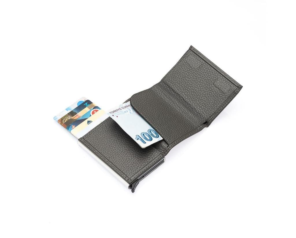 NL5540-GRİWestpolo Mories Unisex Hakiki Guti Deri Mekanizmalı Cüzdan Kartlık - Gri