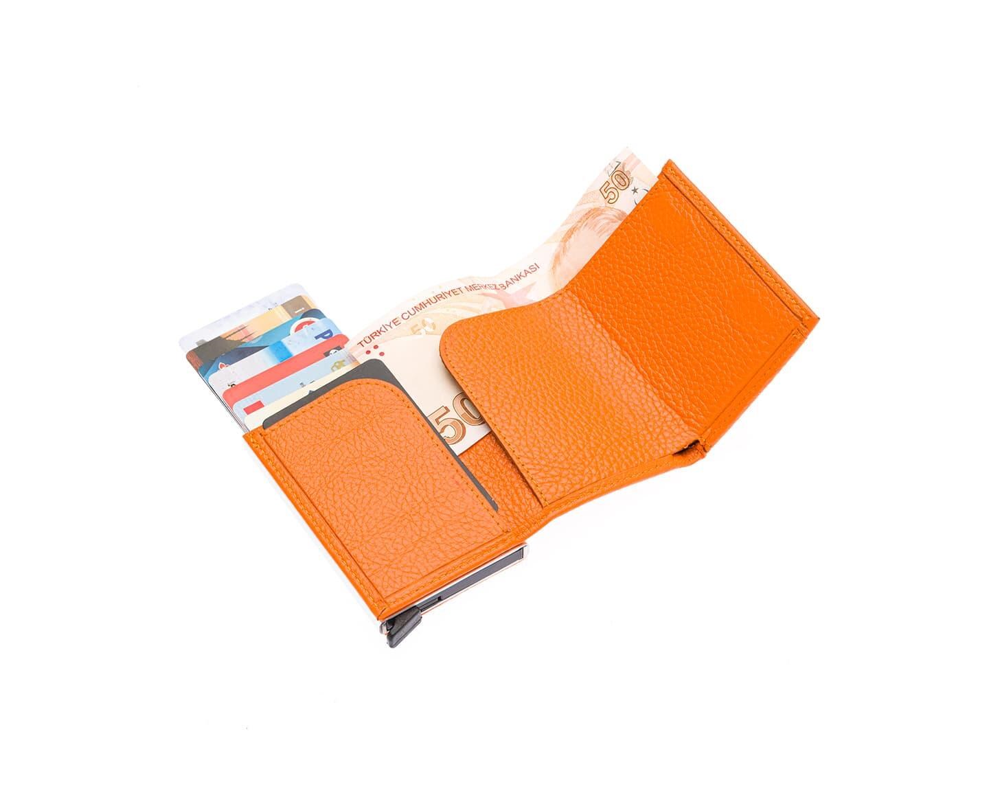 NL5540-TURUNCUWestpolo Mories Unisex Hakiki Guti Deri Mekanizmalı Cüzdan Kartlık - Turuncu