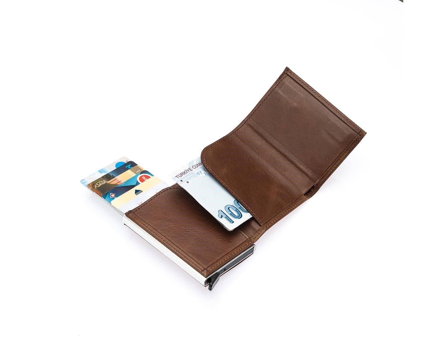 NL5540C-AÇIK KAHVERENGİWestpolo Mories Bol Kartlık Bölmeli Fermuarlı Unisex Crazy Eskitme Hakiki Deri Cüzdan - Kahverengi