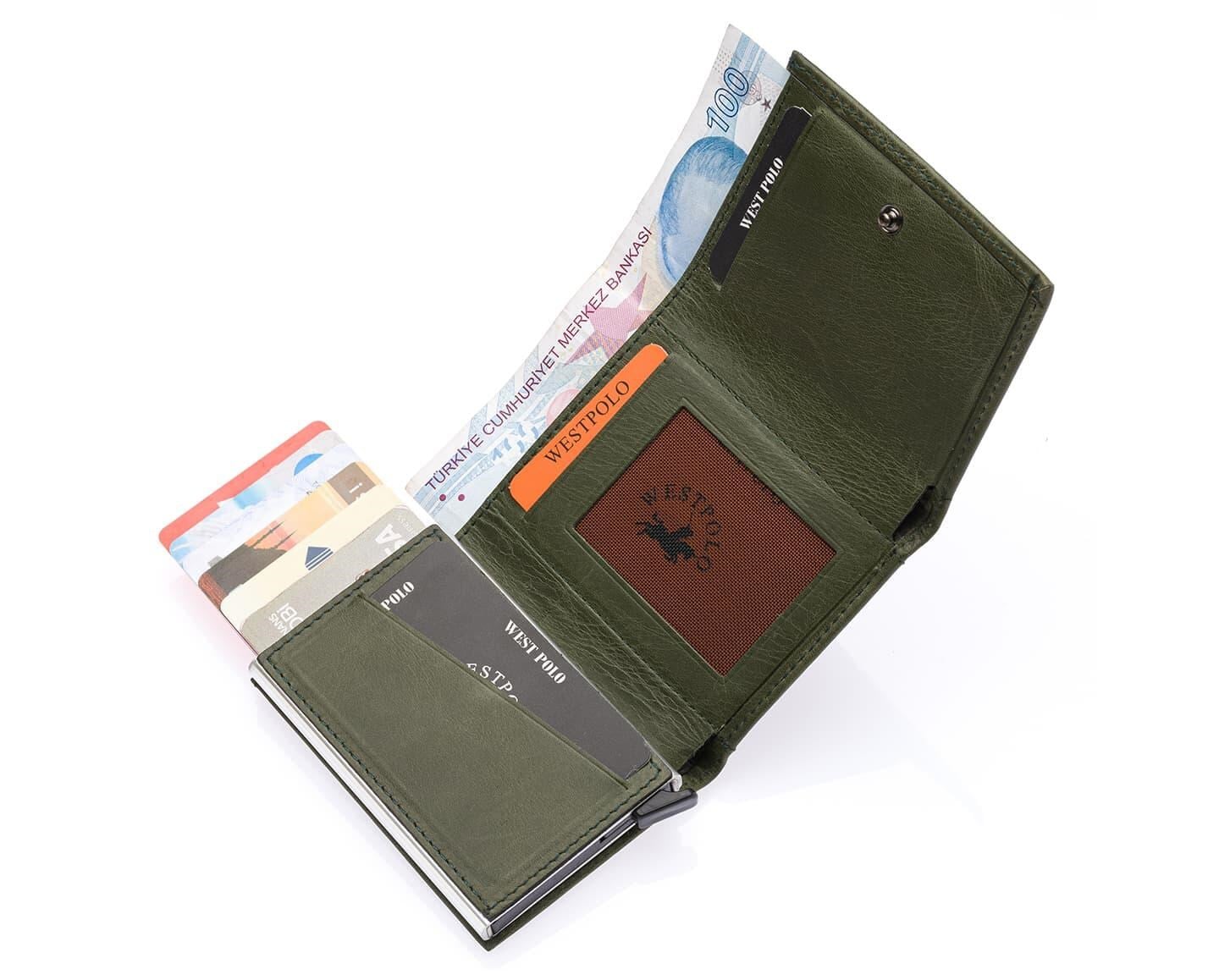 NL5550C-HAKİWestpolo Safari Unisex Bol Kartlık Bölmeli Crazy Eskitme Hakiki Deri Mekanizmalı Cüzdan - Haki