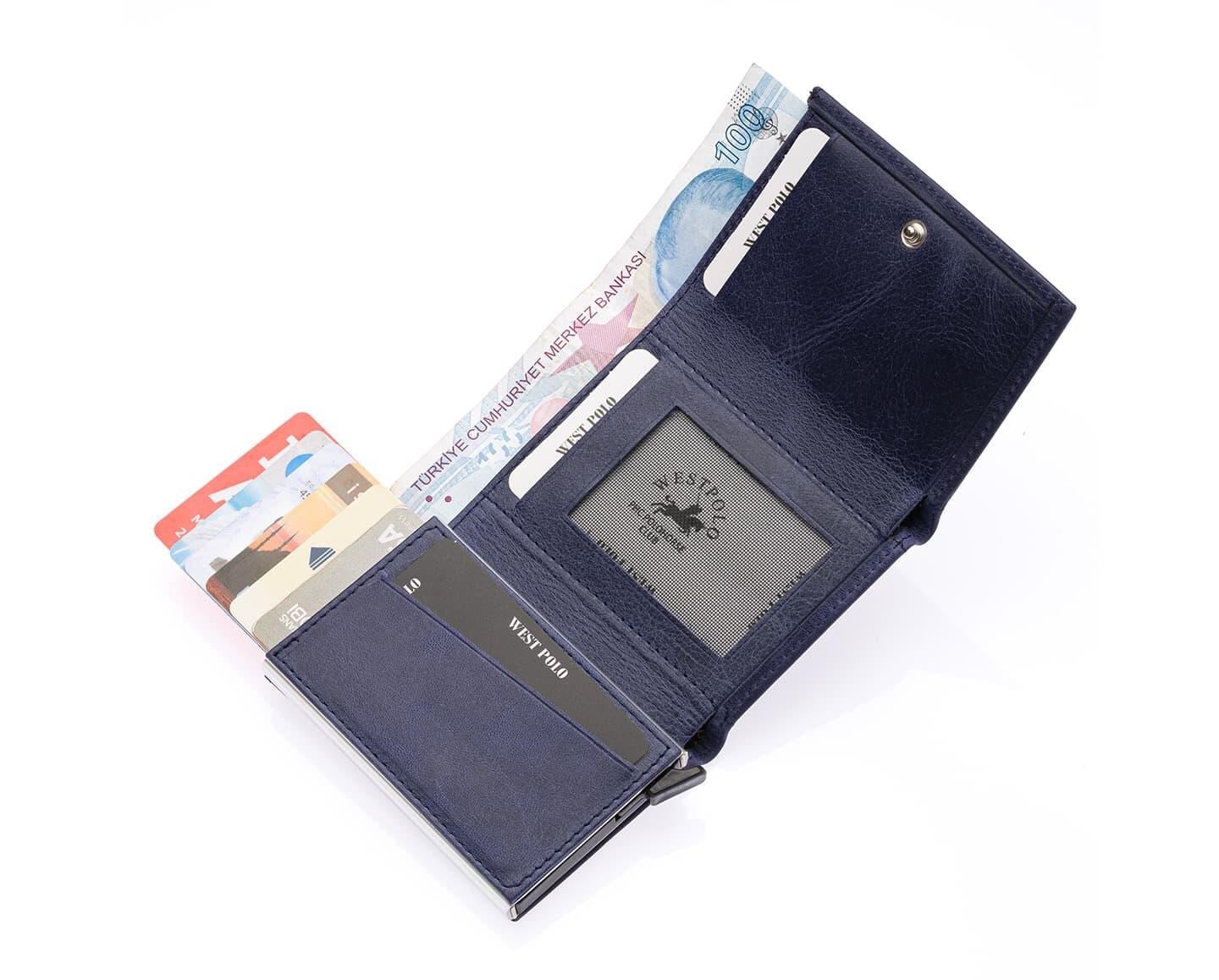NL5550C-LACİVERTWestpolo Safari Unisex Bol Kartlık Bölmeli Crazy Eskitme Hakiki Deri Mekanizmalı Cüzdan - Lacivert