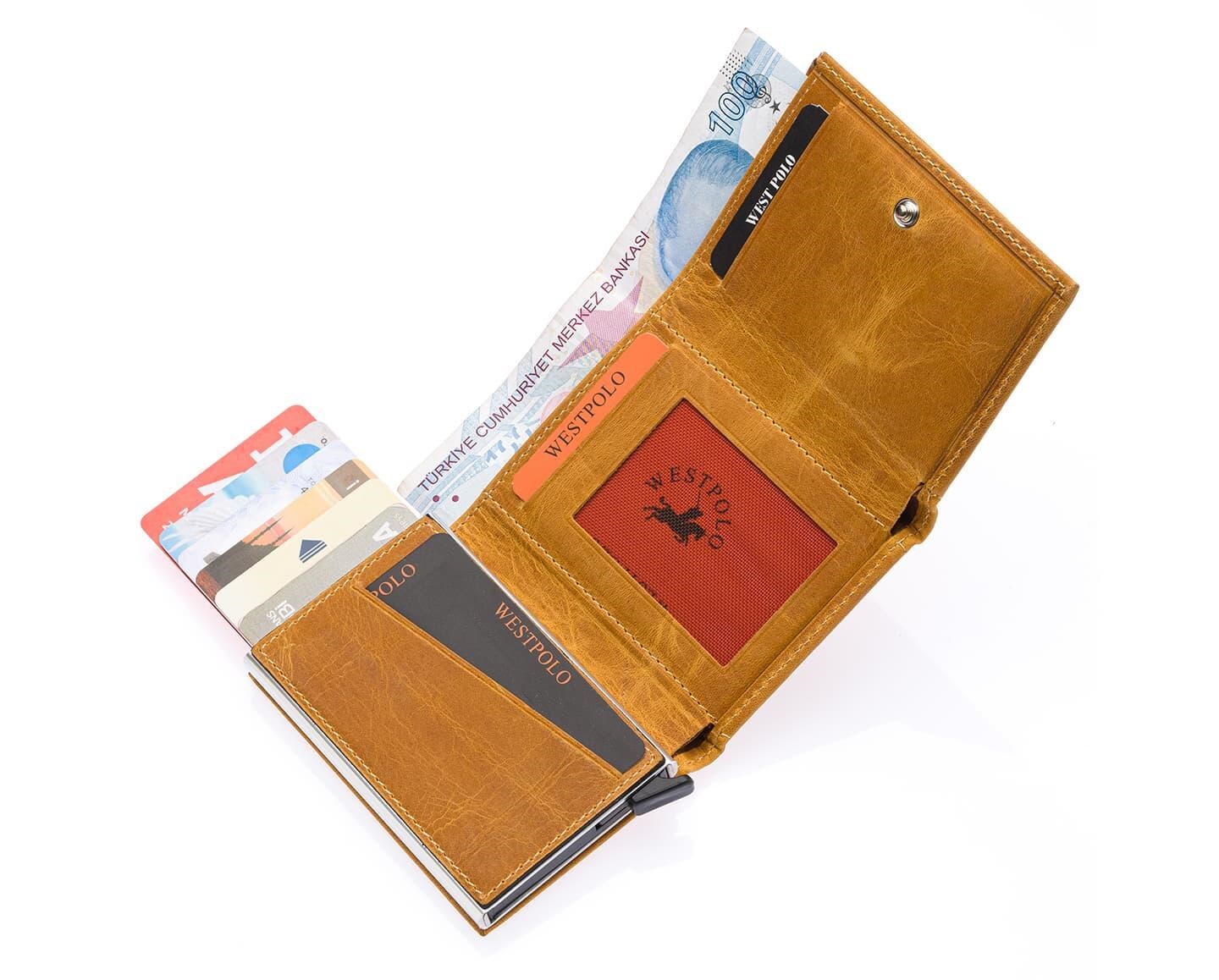 NL5550C-SARIWestpolo Safari Unisex Bol Kartlık Bölmeli Crazy Eskitme Hakiki Deri Mekanizmalı Cüzdan - Sarı