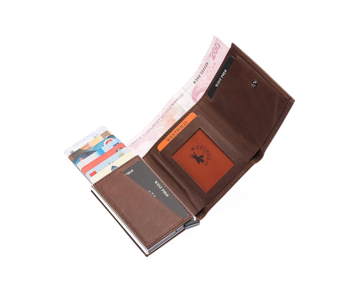 NL5550C-TİGUAN KAHVERENGİWestpolo Safari Unisex Bol Kartlık Bölmeli Crazy Eskitme Hakiki Deri Mekanizmalı Cüzdan - Kahverengi