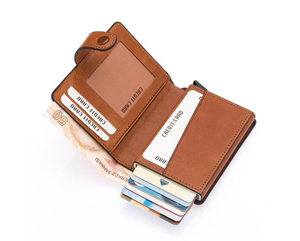 NL5580C-AÇIK TABAWestpolo Grimm Bozuk Para ve Bol Kartlık Bölmeli Unisex Crazy Eskitme Hakiki Deri Mekanizmalı Kartlık - Taba