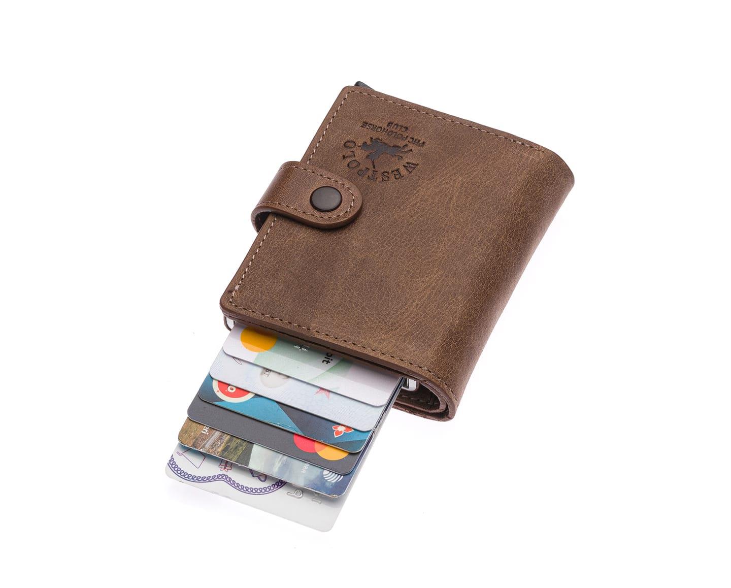 NL5580C-CAPPUCCİNOWestpolo Grimm Bozuk Para ve Bol Kartlık Bölmeli Unisex Crazy Eskitme Hakiki Deri Mekanizmalı Kartlık - Cappuccino