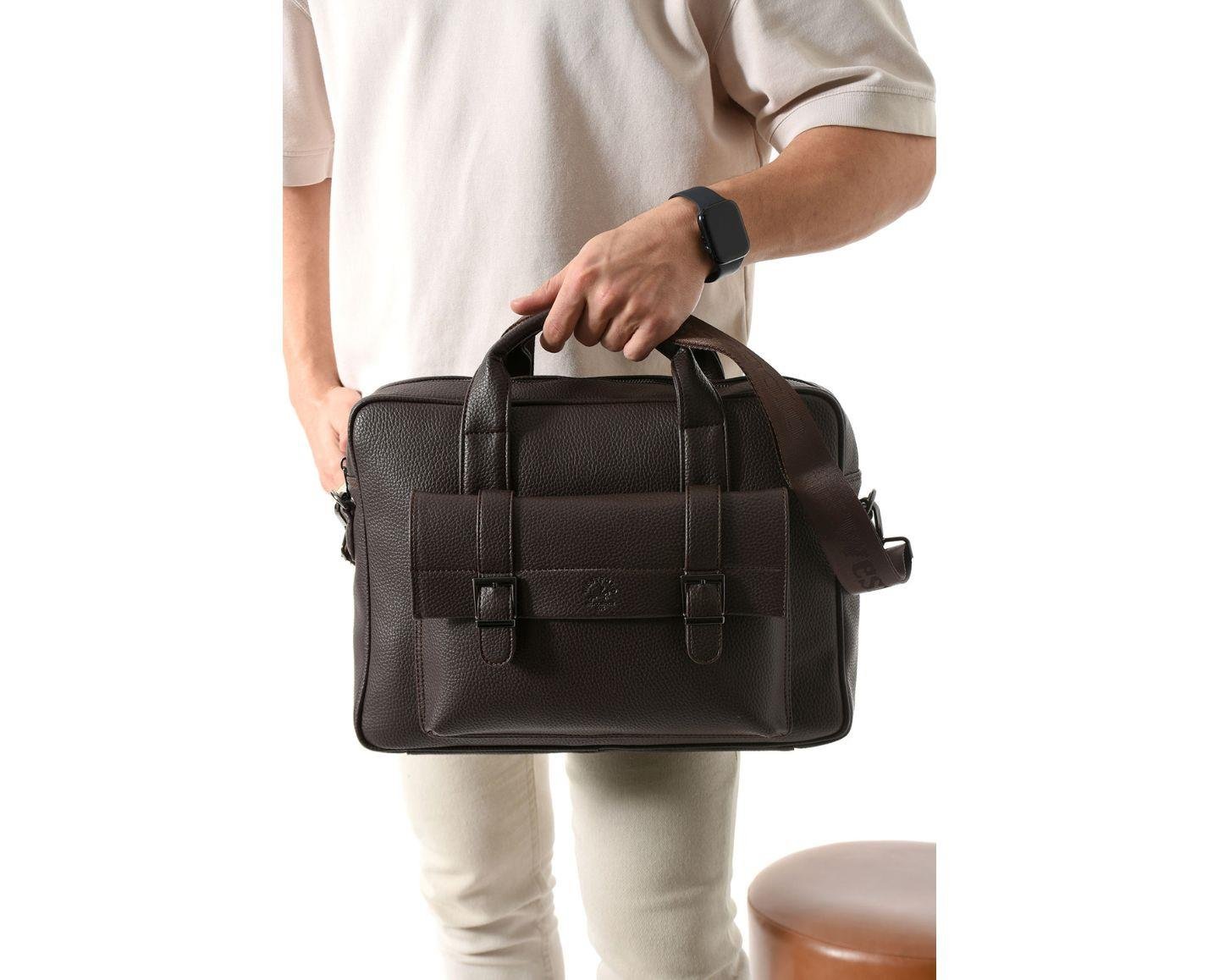 NL6073 - KahverengiWestpolo Unisex Vegan Deri Laptop Bölmeli Fermuarlı Ön Kapak Detaylı Omuz Askılı Evrak ve Laptop Çantası - Kahverengi