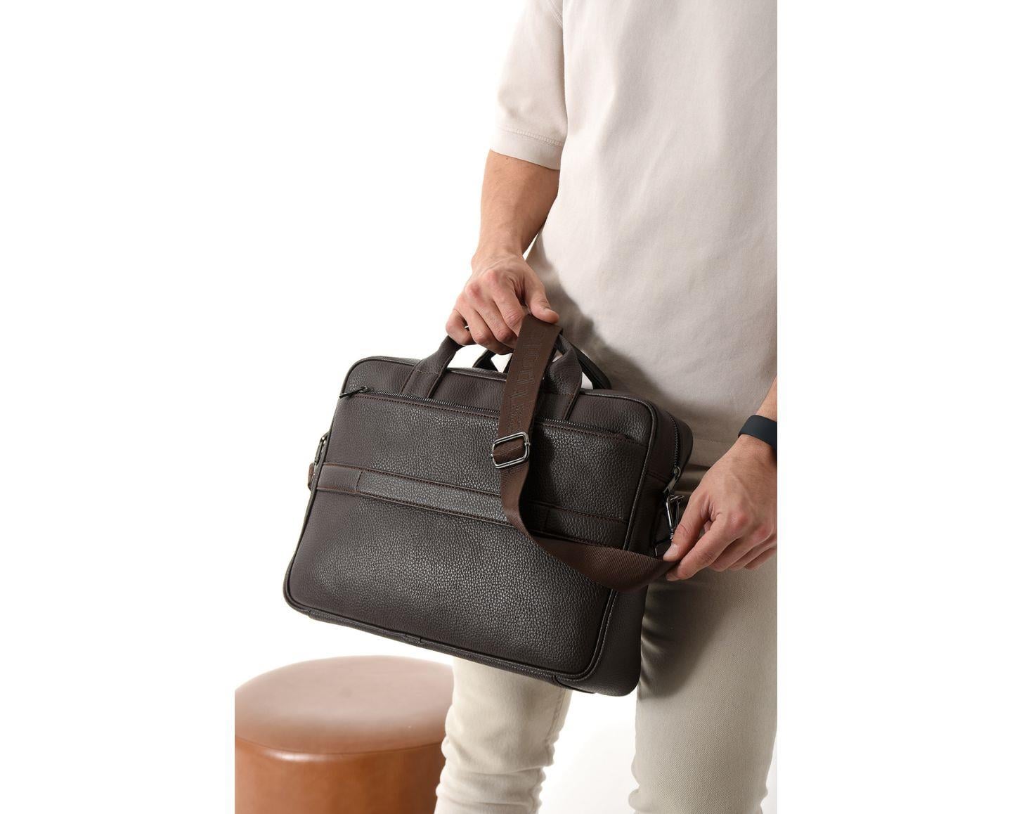 NL6073 - KahverengiWestpolo Unisex Vegan Deri Laptop Bölmeli Fermuarlı Ön Kapak Detaylı Omuz Askılı Evrak ve Laptop Çantası - Kahverengi