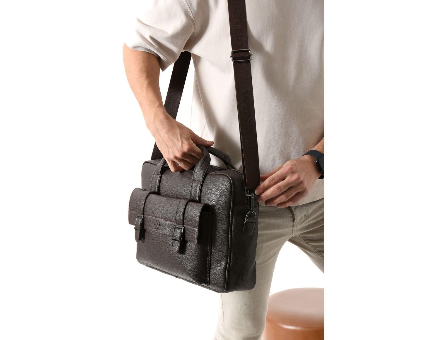 NL6073 - KahverengiWestpolo Unisex Vegan Deri Laptop Bölmeli Fermuarlı Ön Kapak Detaylı Omuz Askılı Evrak ve Laptop Çantası - Kahverengi