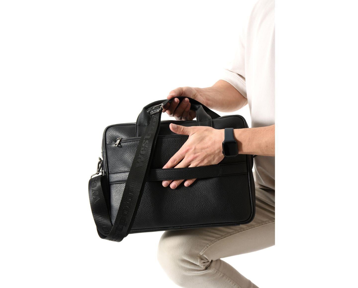 NL6073 - SiyahWestpolo Unisex Vegan Deri Laptop Bölmeli Fermuarlı Ön Kapak Detaylı Omuz Askılı Evrak ve Laptop Çantası - Siyah