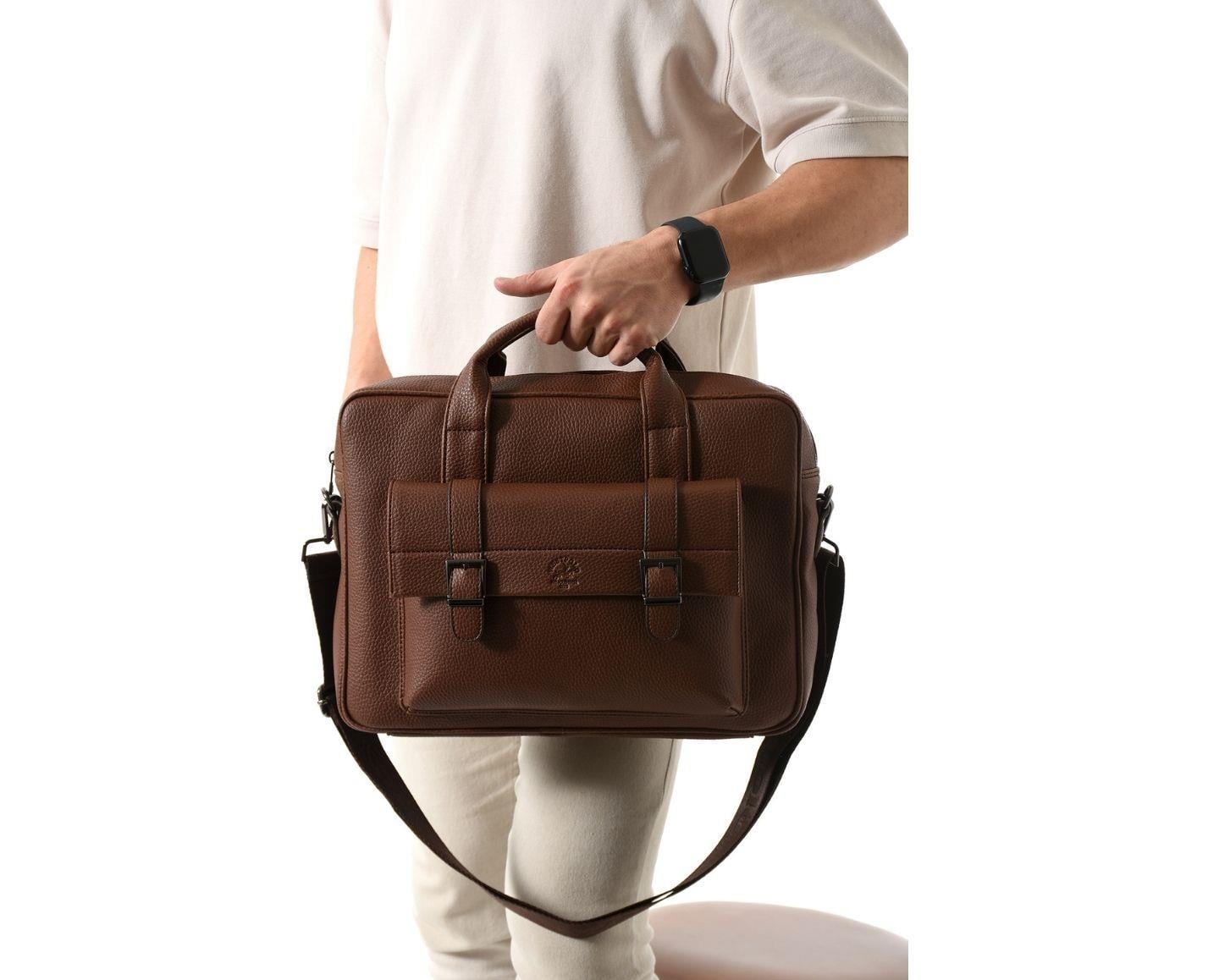 NL6073 - TabaWestpolo Unisex Vegan Deri Laptop Bölmeli Fermuarlı Ön Kapak Detaylı Omuz Askılı Evrak ve Laptop Çantası - Taba