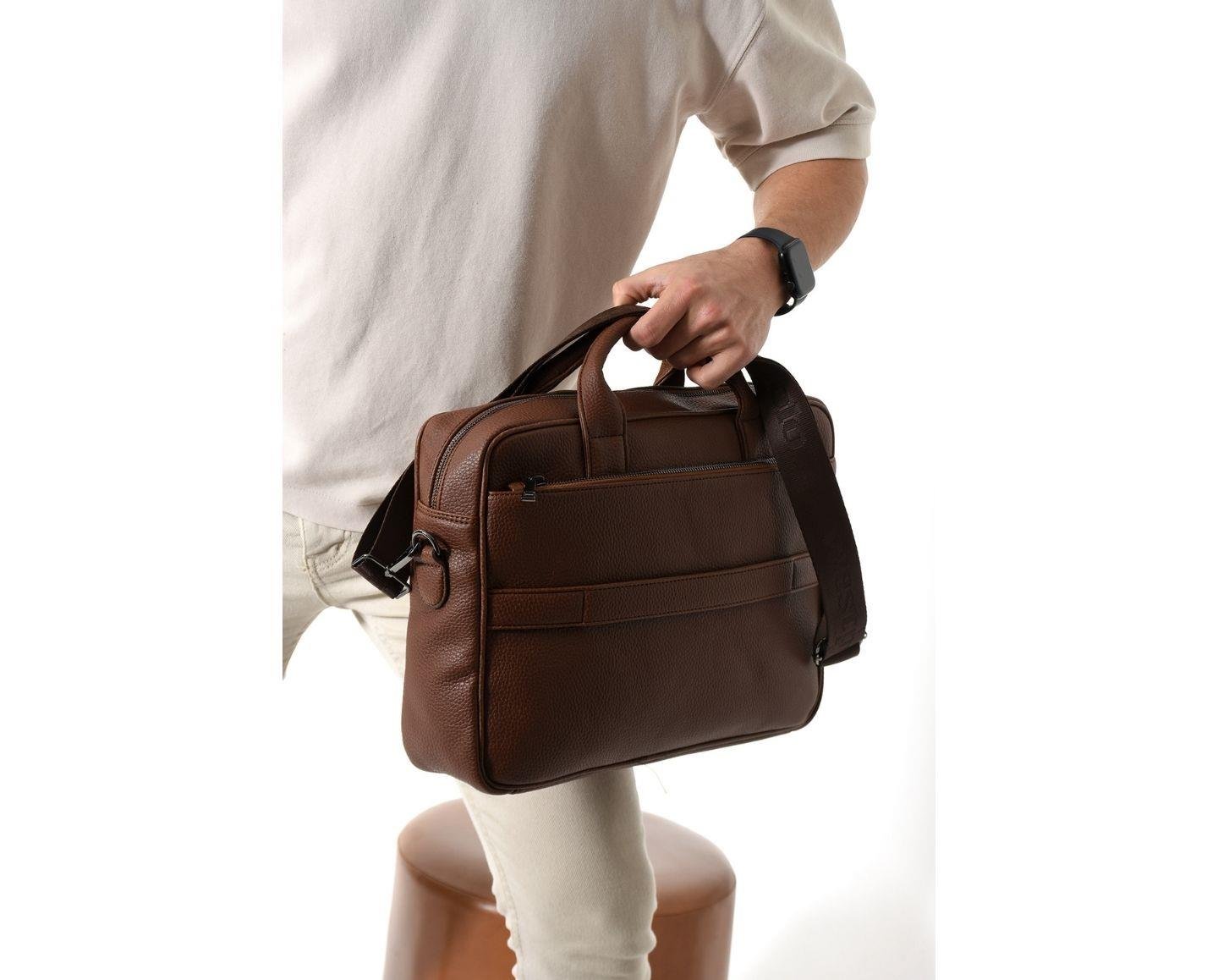 NL6073 - TabaWestpolo Unisex Vegan Deri Laptop Bölmeli Fermuarlı Ön Kapak Detaylı Omuz Askılı Evrak ve Laptop Çantası - Taba