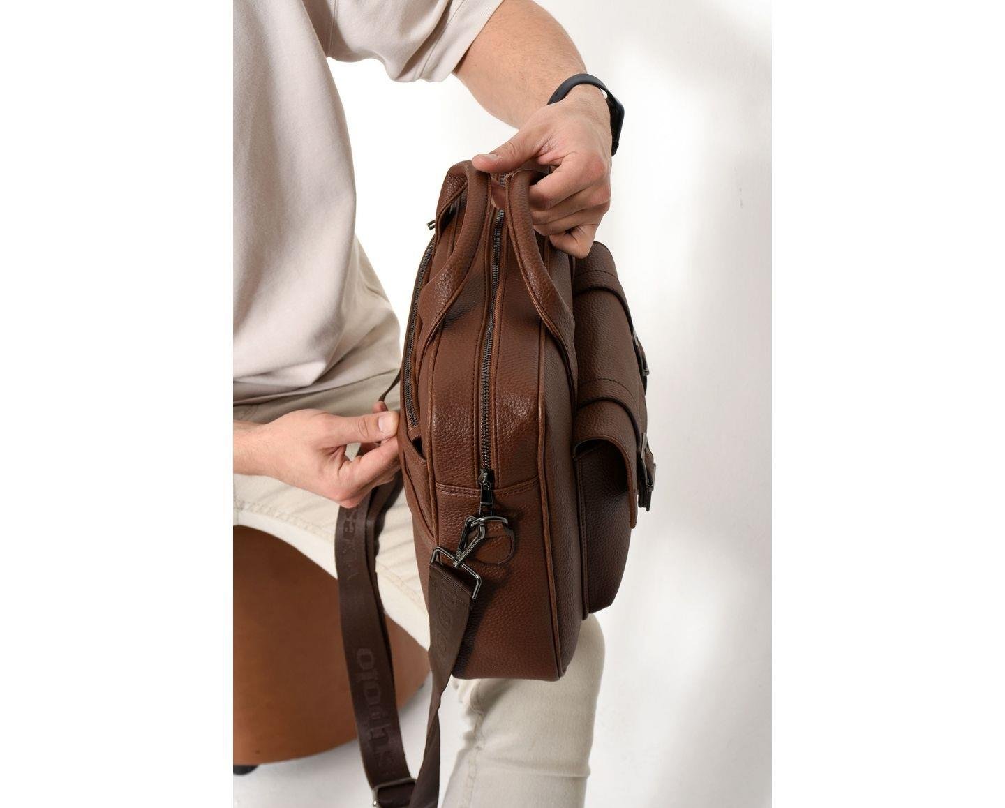 NL6073 - TabaWestpolo Unisex Vegan Deri Laptop Bölmeli Fermuarlı Ön Kapak Detaylı Omuz Askılı Evrak ve Laptop Çantası - Taba