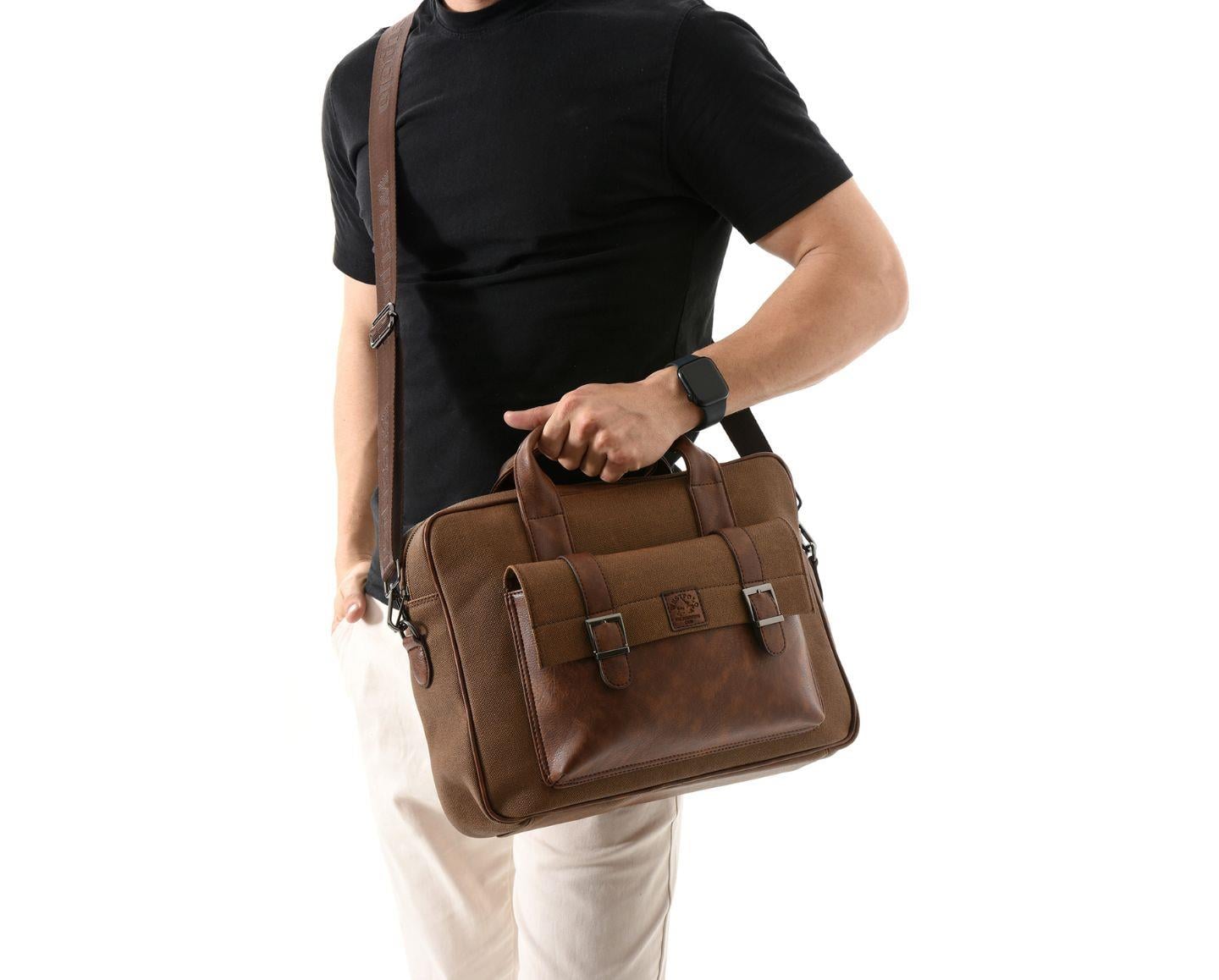 NL6073KES - Taba - tabaWestpolo Unisex Vegan Deri Laptop Bölmeli Fermuarlı Ön Kapak Detaylı Kanvas Omuz Askılı Evrak ve Laptop Çantası -Taba