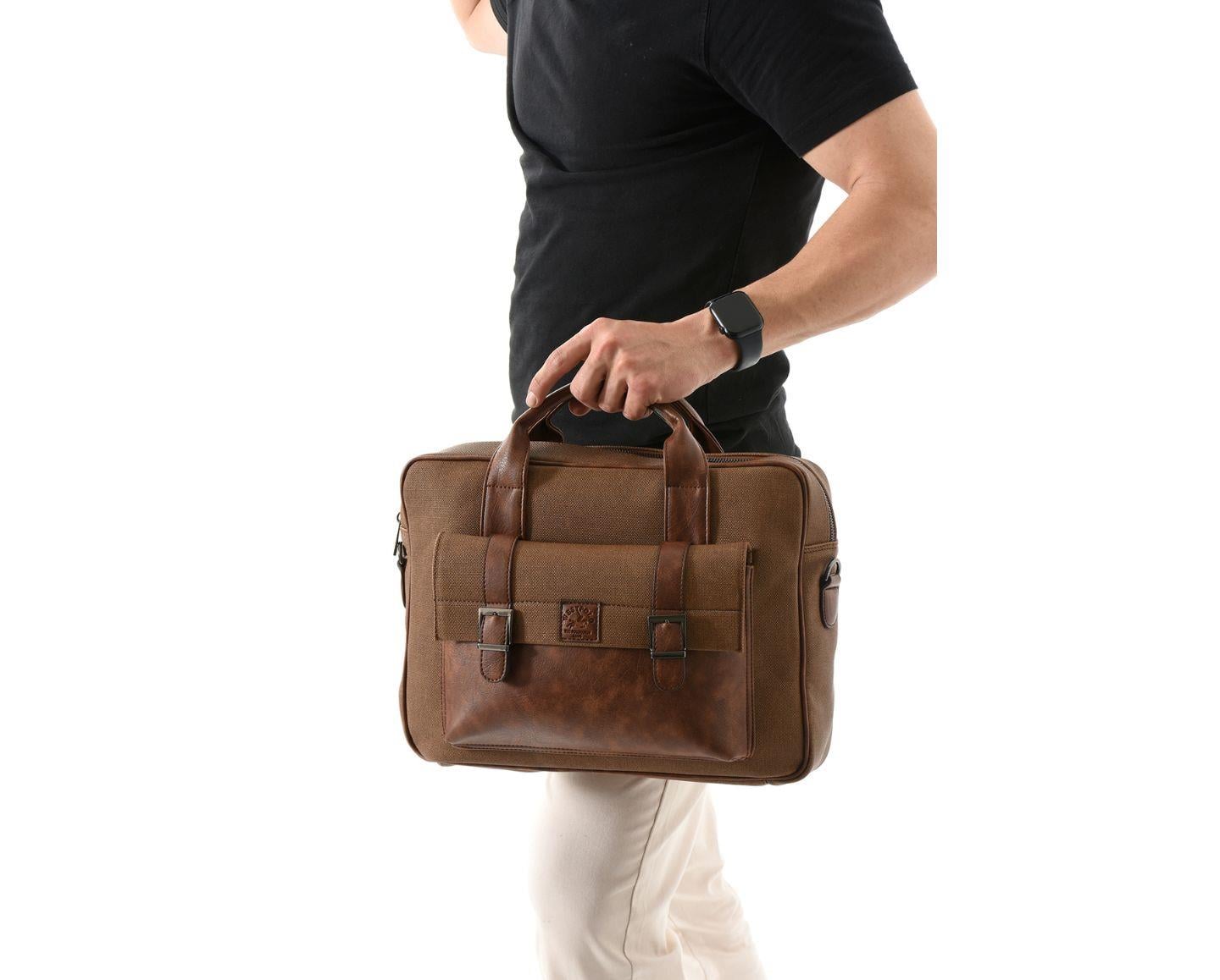 NL6073KES - Taba - tabaWestpolo Unisex Vegan Deri Laptop Bölmeli Fermuarlı Ön Kapak Detaylı Kanvas Omuz Askılı Evrak ve Laptop Çantası -Taba