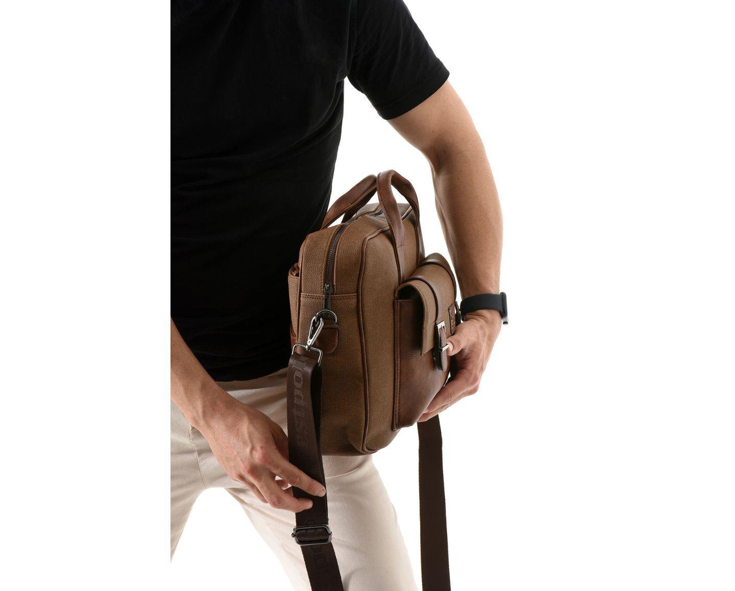 NL6073KES - Taba - tabaWestpolo Unisex Vegan Deri Laptop Bölmeli Fermuarlı Ön Kapak Detaylı Kanvas Omuz Askılı Evrak ve Laptop Çantası -Taba