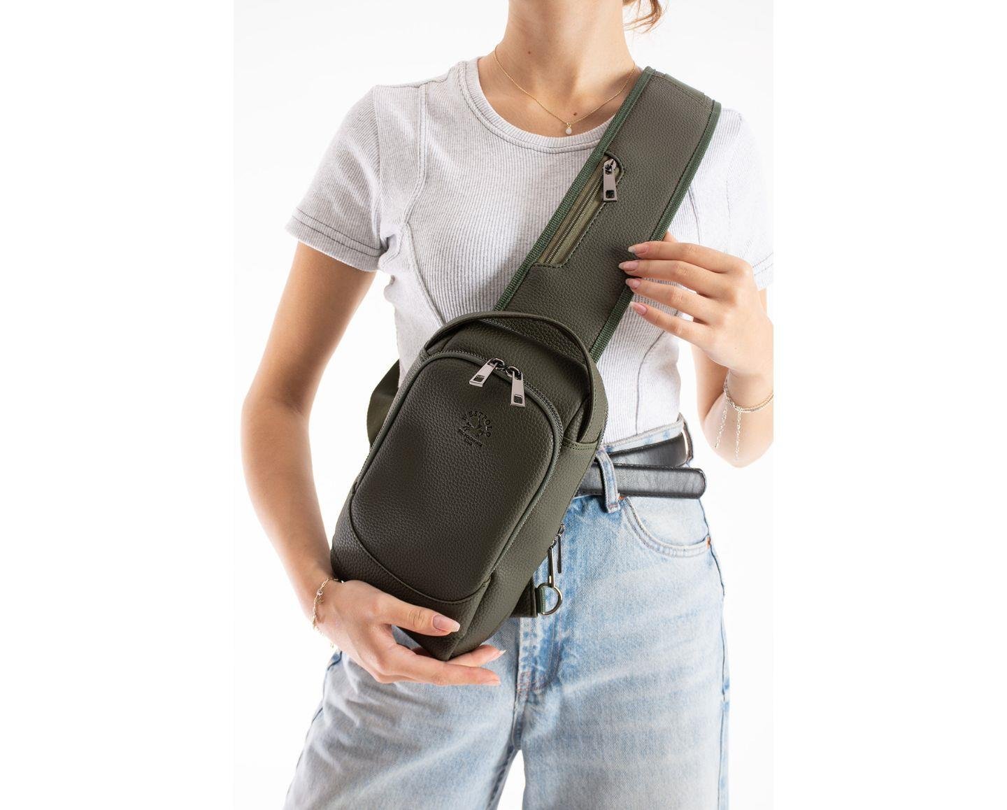 NL6074 - HakiWestpolo Vegan Tek Omuz Askılı Fermuarlı Çok Bölmeli Unisex Sırt ve Göğüs Çantası Body Bag - Haki