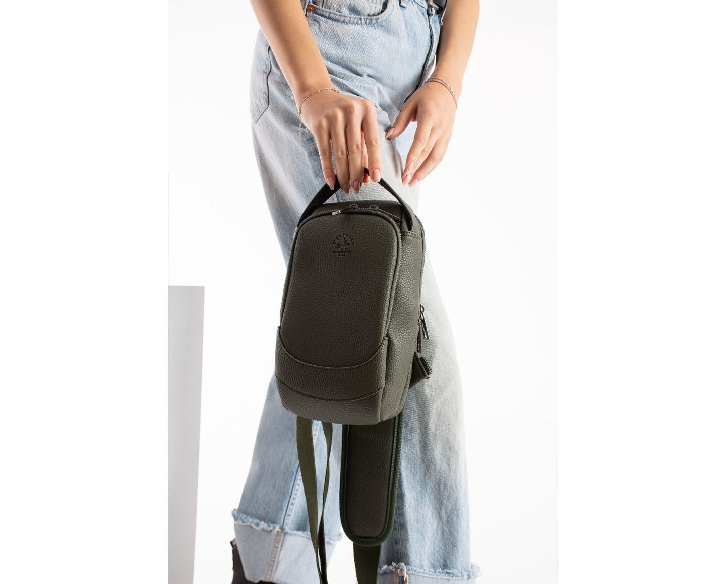 NL6074 - HakiWestpolo Vegan Tek Omuz Askılı Fermuarlı Çok Bölmeli Unisex Sırt ve Göğüs Çantası Body Bag - Haki