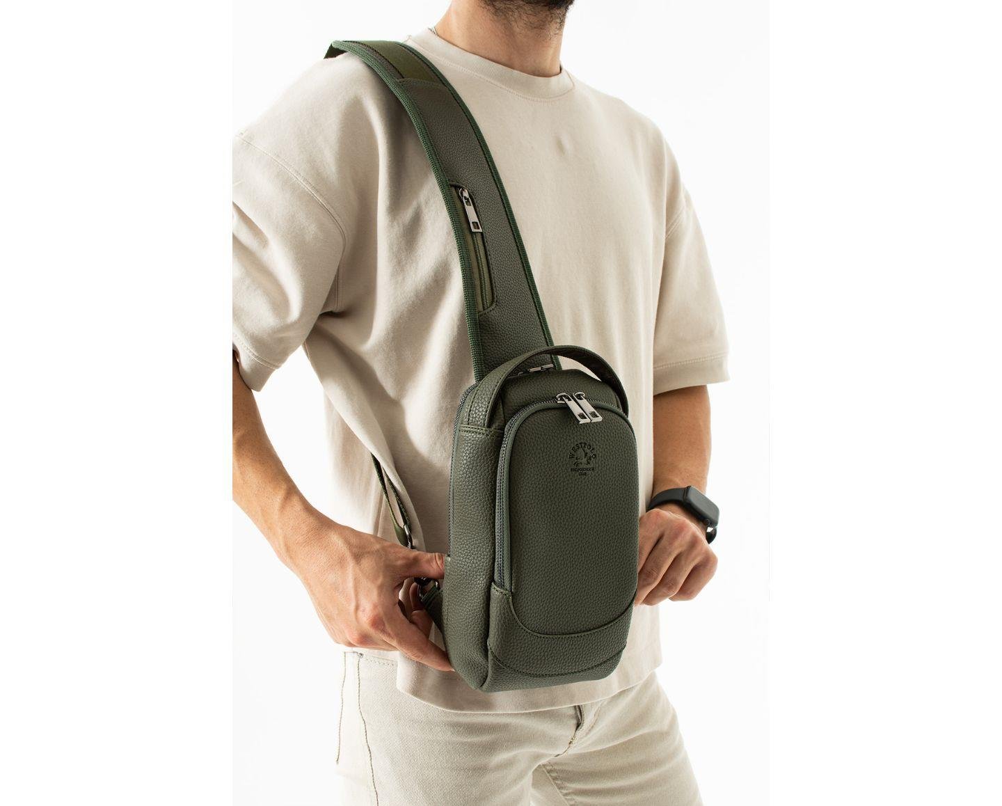 NL6074 - HakiWestpolo Vegan Tek Omuz Askılı Fermuarlı Çok Bölmeli Unisex Sırt ve Göğüs Çantası Body Bag - Haki