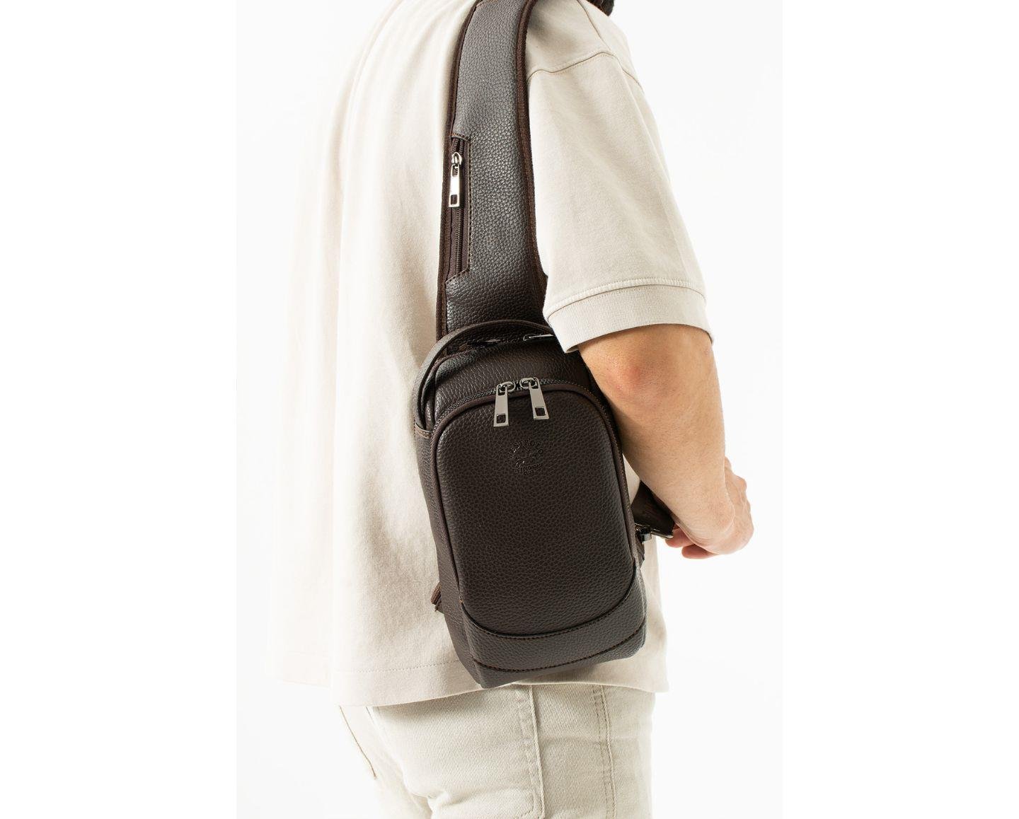 NL6074 -KahverengiWestpolo Vegan Tek Omuz Askılı Fermuarlı Çok Bölmeli Unisex Sırt ve Göğüs Çantası Body Bag - Kahverengi