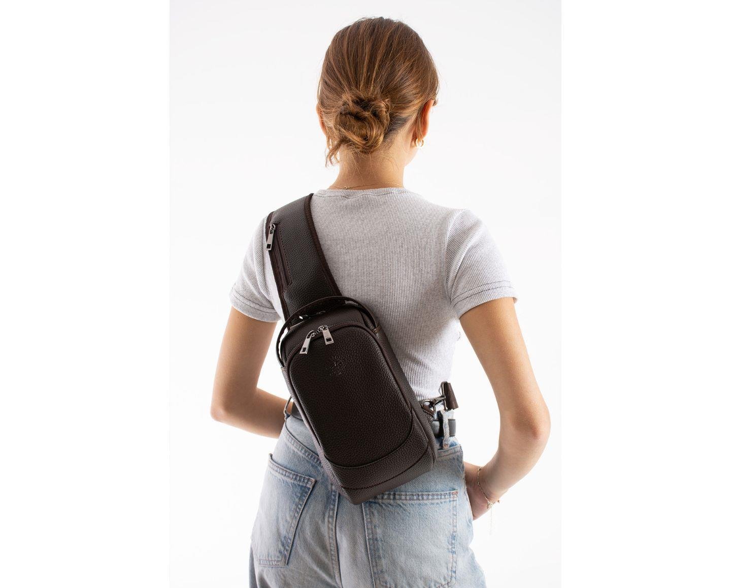NL6074 -KahverengiWestpolo Vegan Tek Omuz Askılı Fermuarlı Çok Bölmeli Unisex Sırt ve Göğüs Çantası Body Bag - Kahverengi