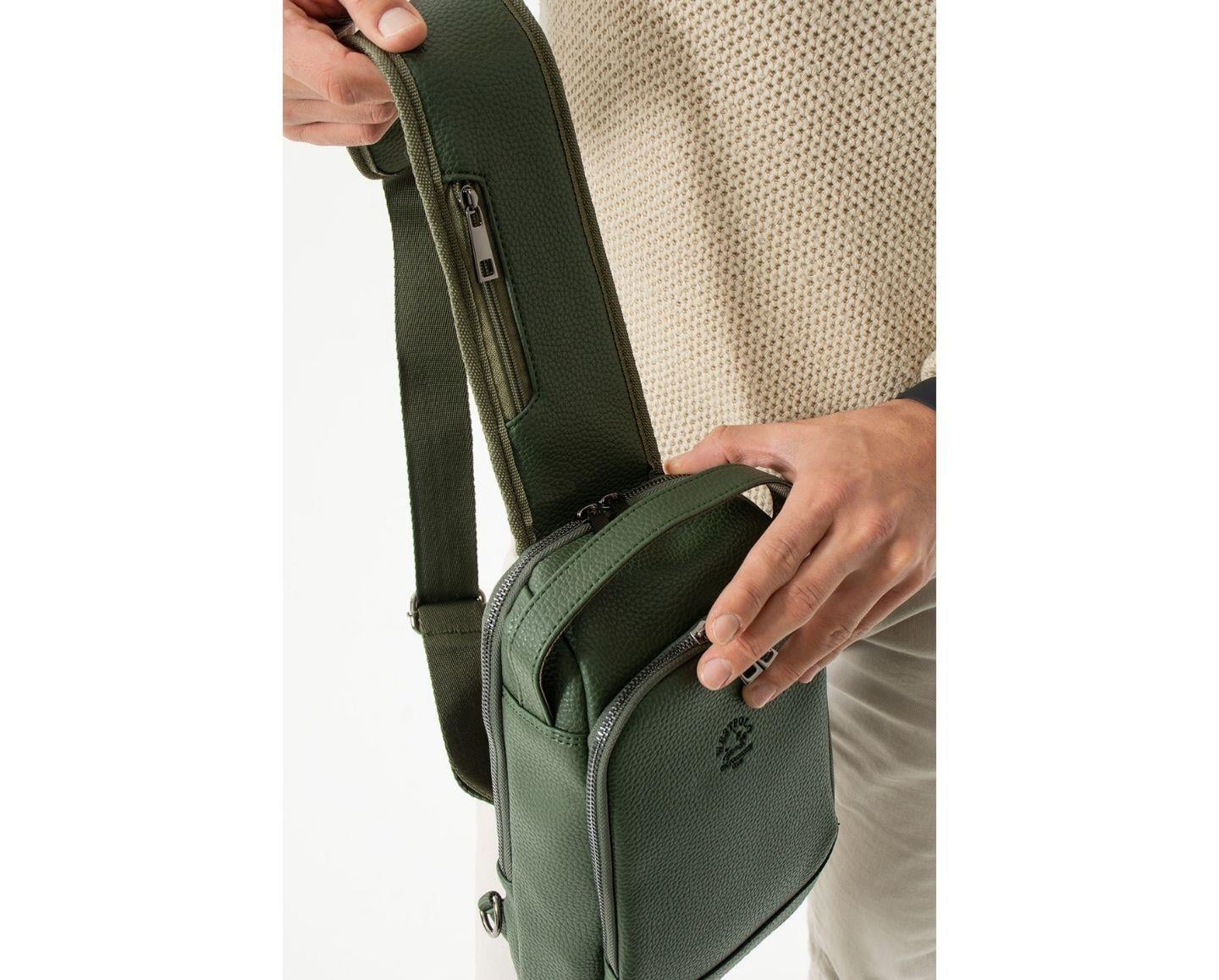 NL6075 - HakiWestpolo Vegan Tek Omuz Askılı Fermuarlı Çok Bölmeli Erkek Sırt ve Göğüs Çantası Body Bag - Haki