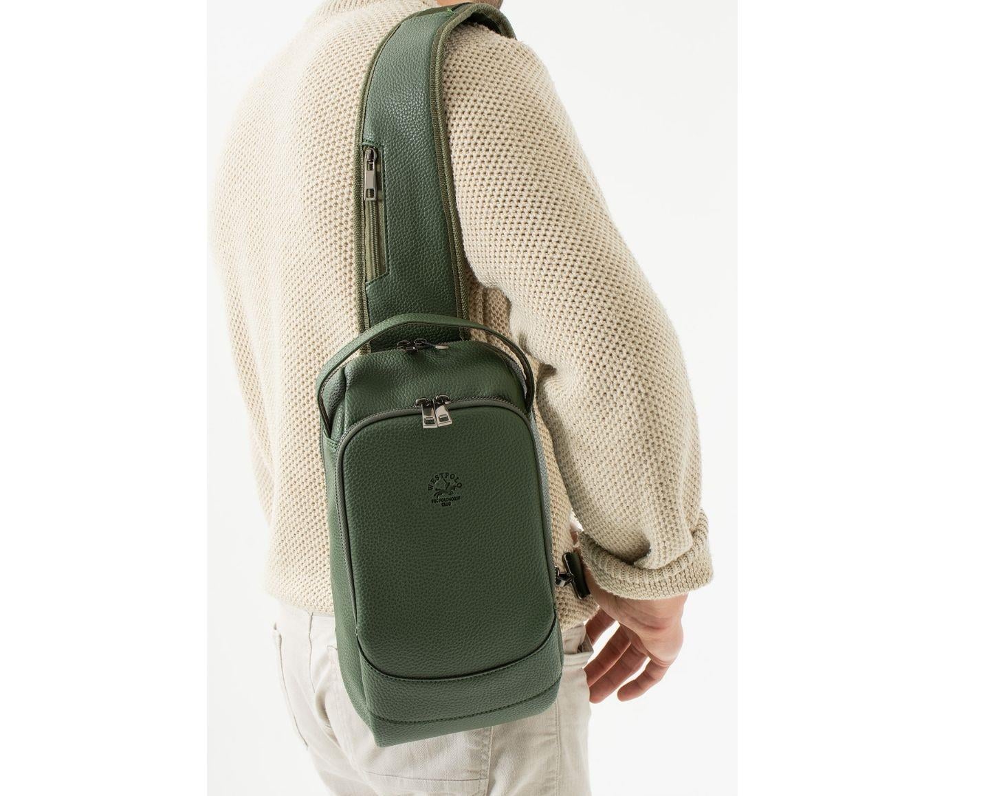 NL6075 - HakiWestpolo Vegan Tek Omuz Askılı Fermuarlı Çok Bölmeli Erkek Sırt ve Göğüs Çantası Body Bag - Haki