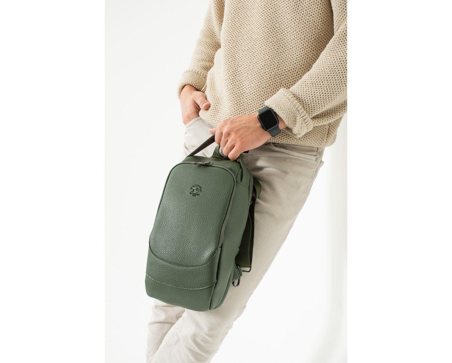 NL6075 - HakiWestpolo Vegan Tek Omuz Askılı Fermuarlı Çok Bölmeli Erkek Sırt ve Göğüs Çantası Body Bag - Haki